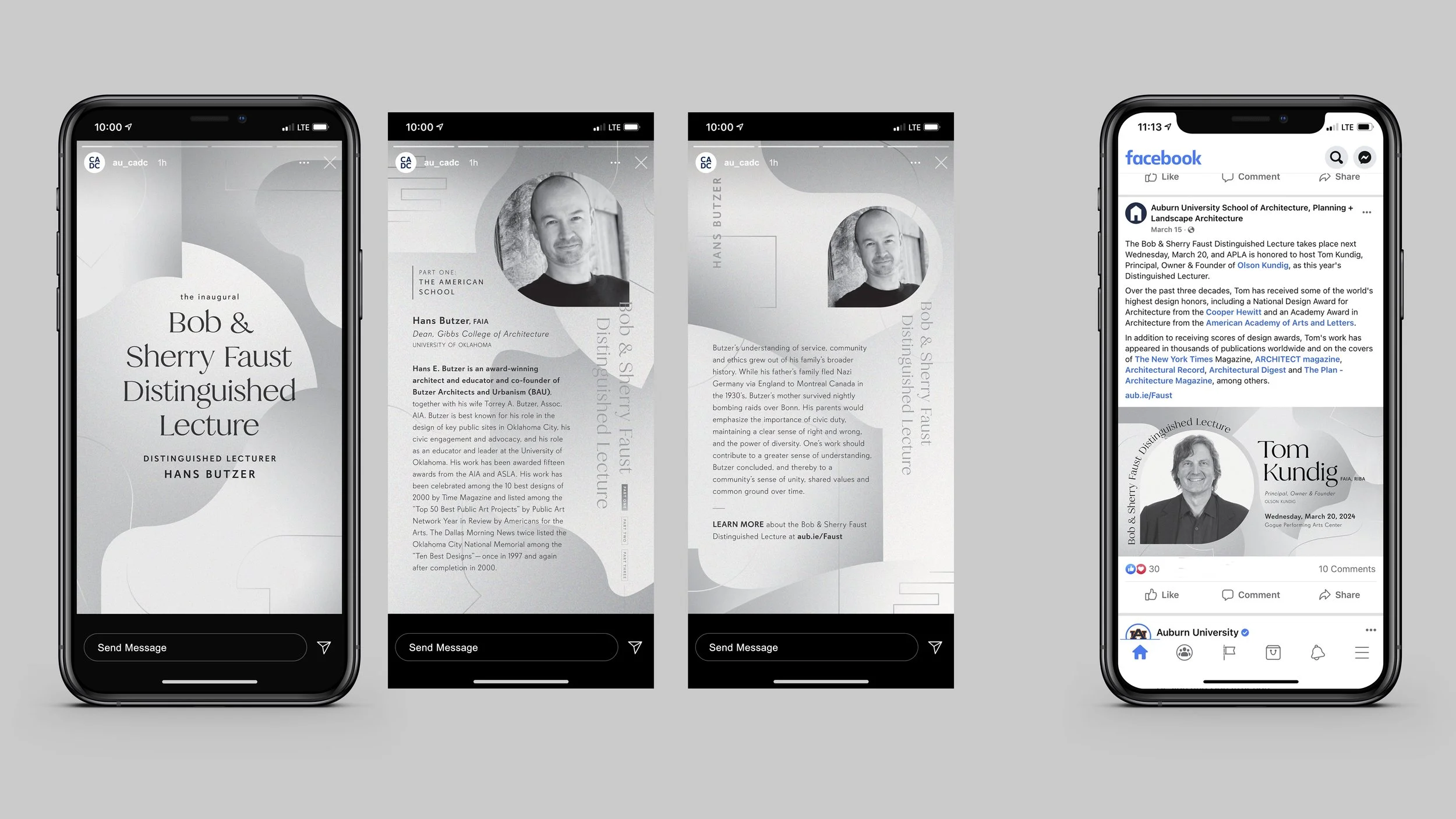   Social media graphics applied the visual system to digital platforms, adapting the shape language for both story and feed formats across the first two years of the lecture.   