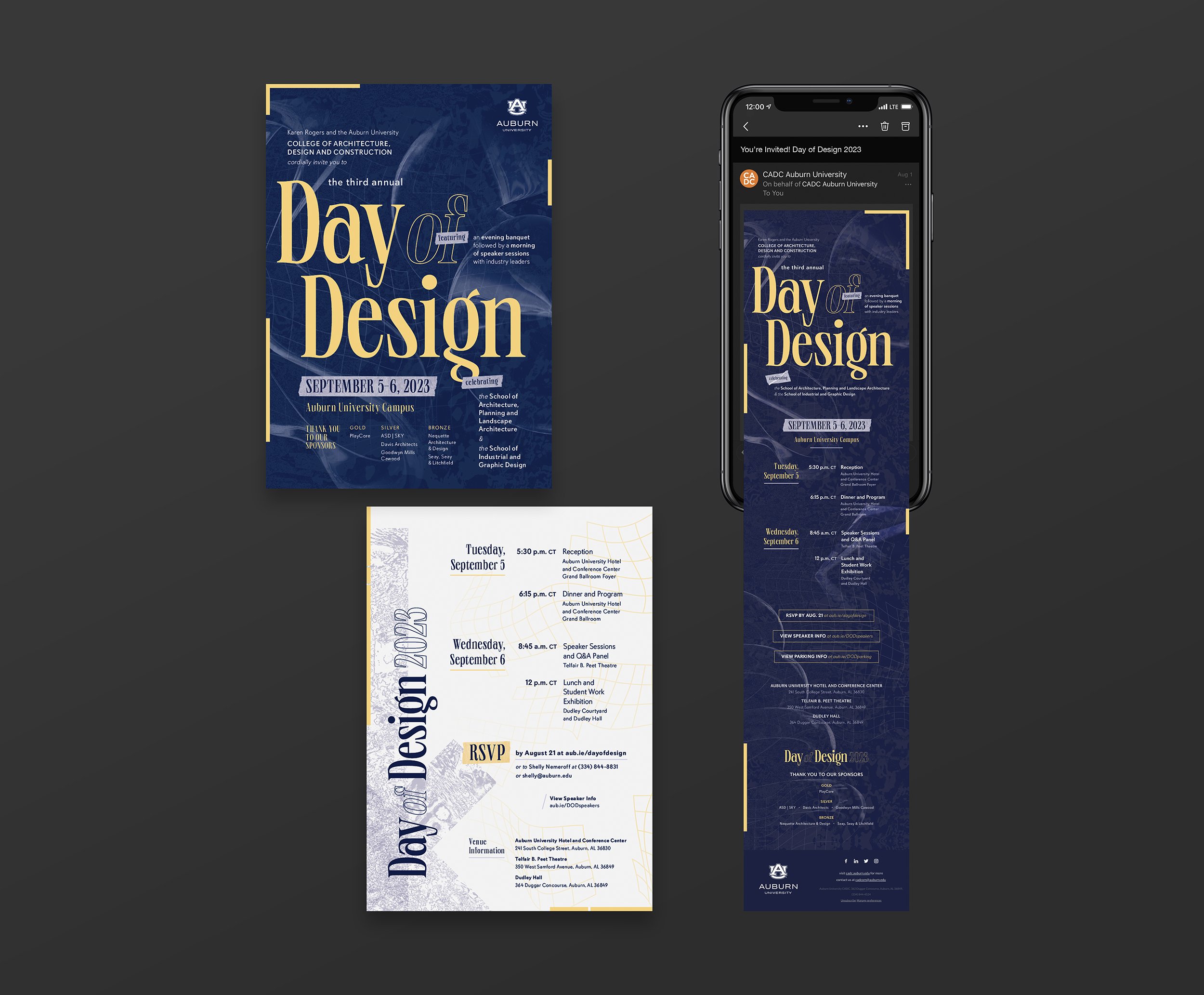   Printed and digital invitations introduced the visual identity across formats, with printed versions showcasing an alternating background and digital versions optimized for email distribution.  