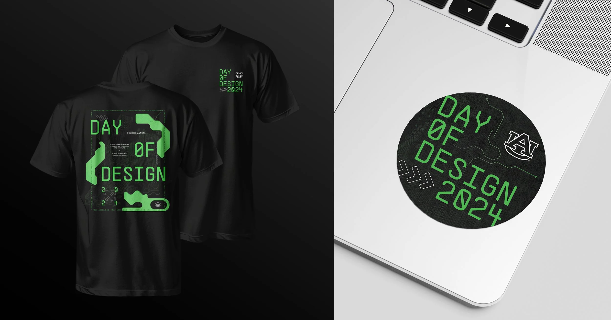   Event merchandise applied the visual identity across t-shirts and stickers, giving attendees a tangible way to interact with the branding beyond the event.  