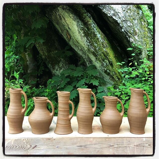 It&rsquo;s just too fun to line the pitchers up in a row. The attitude, placement and negative space of the handle makes all the difference.  #wildclay #pitchers #jugs #medievaljug #negativespace