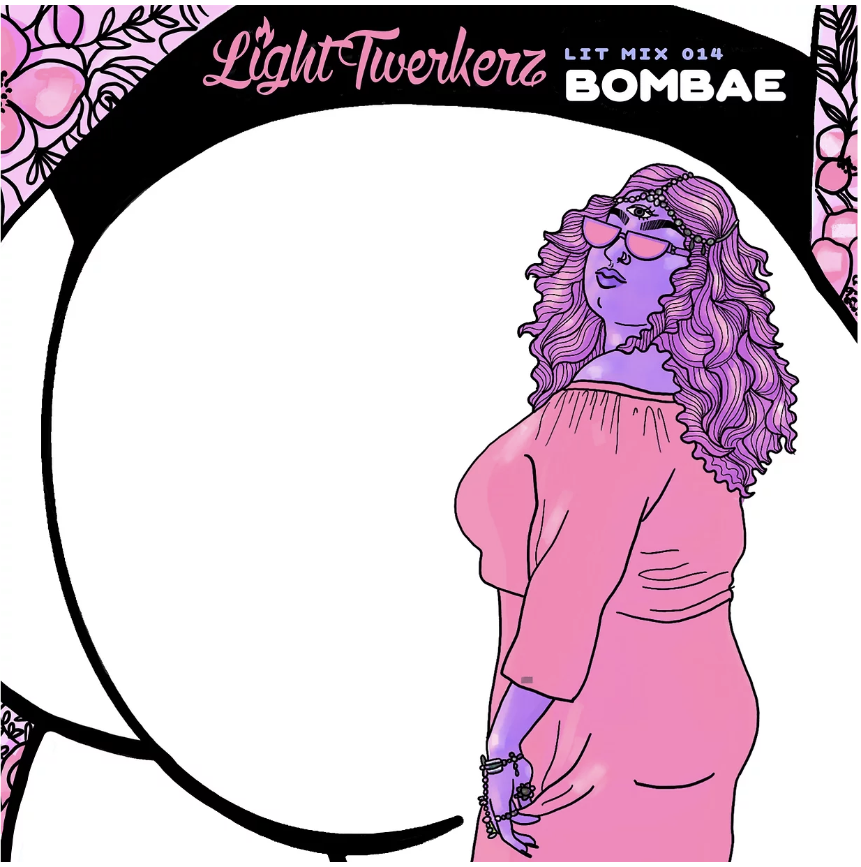 South-Asian female deejay drawn in cartoon form adorned in jewellery on her head wearing sunglasses dressed in pink with her back toward the screen.