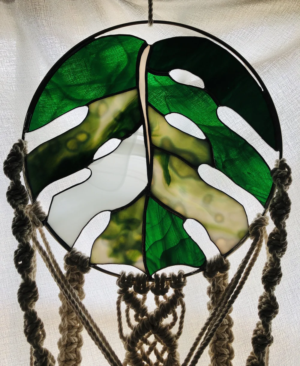 Large Circle Variegated Monstera Leaf Stained Glass and Macram Wall  Hanging  Copper Studio Art