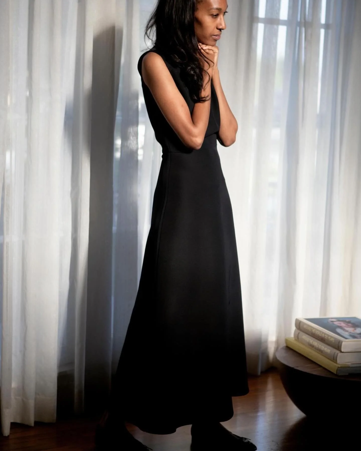 Greta Dress;  soft drape and structured.