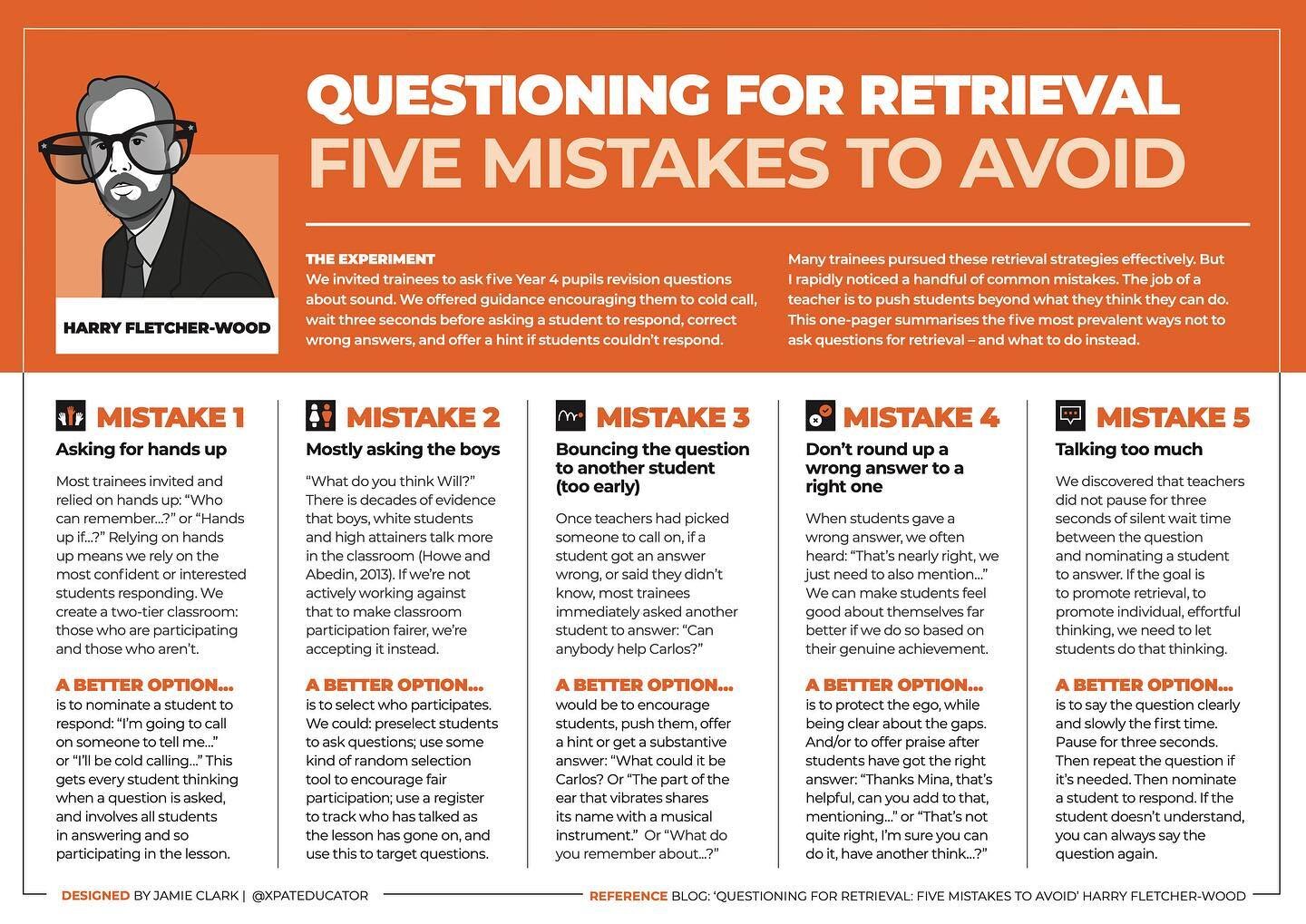 This recent blog post, &lsquo;Questioning for Retrieval: 5 Mistakes to Avoid&rsquo; by Harry Fletcher-Wood is a smasher. Here&rsquo;s a useful one page summary.