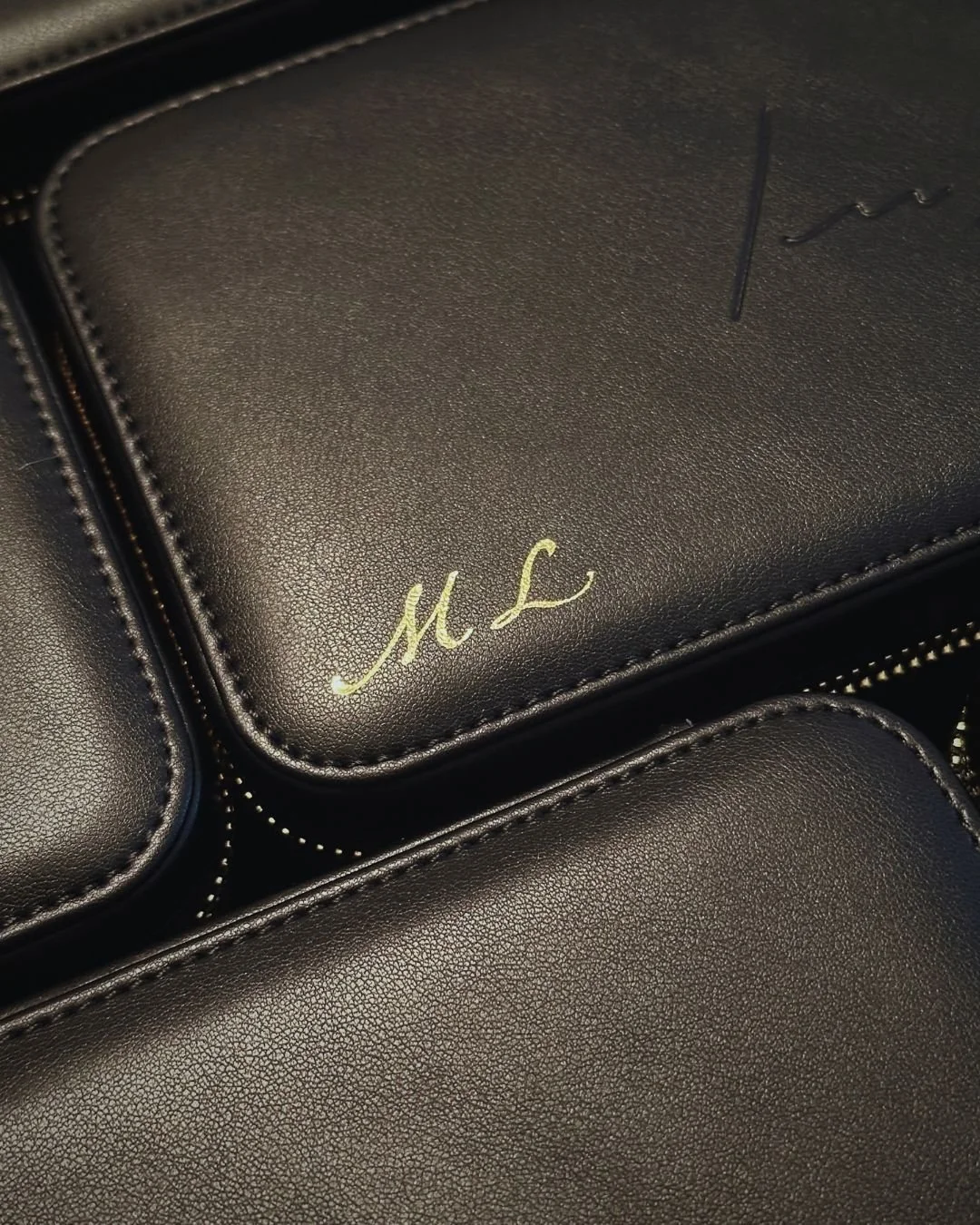 Leather jewelry case monogram hot foiling by Orange County calligrapher Hannah Choi