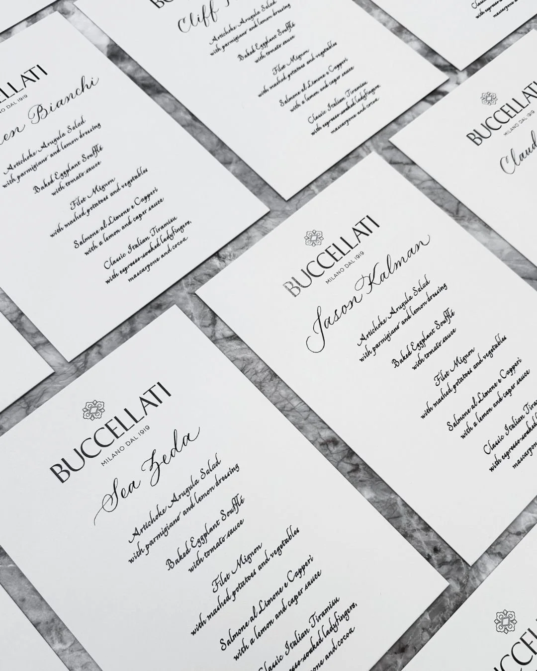 Menu calligraphy for Buccellati dinner event in Los Angeles, California