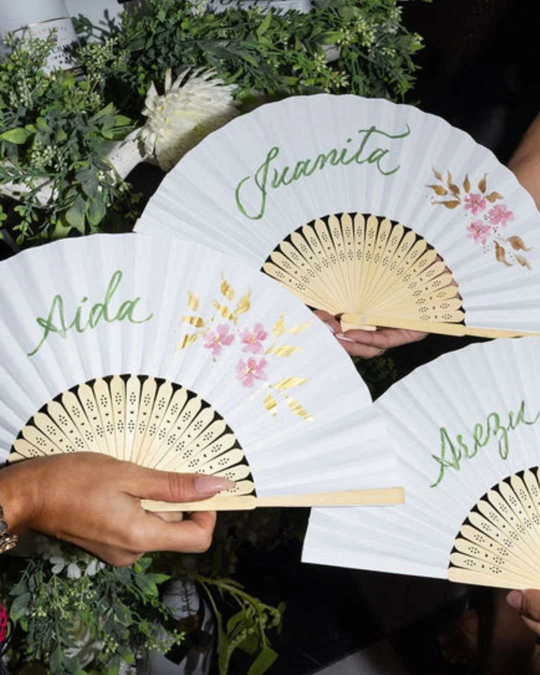 Paper fan calligraphy and floral painting for Hollywood midsummer night event party