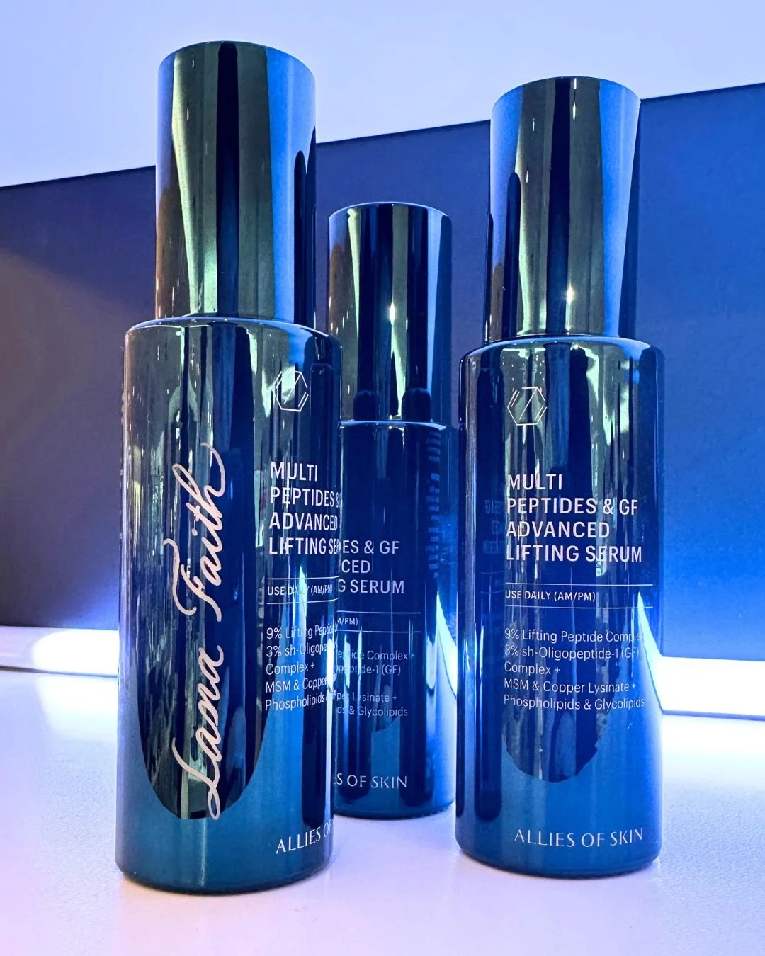 Allies of Skin skincare bottles engraved by Choi Calligraphy at Newport Beach launch event