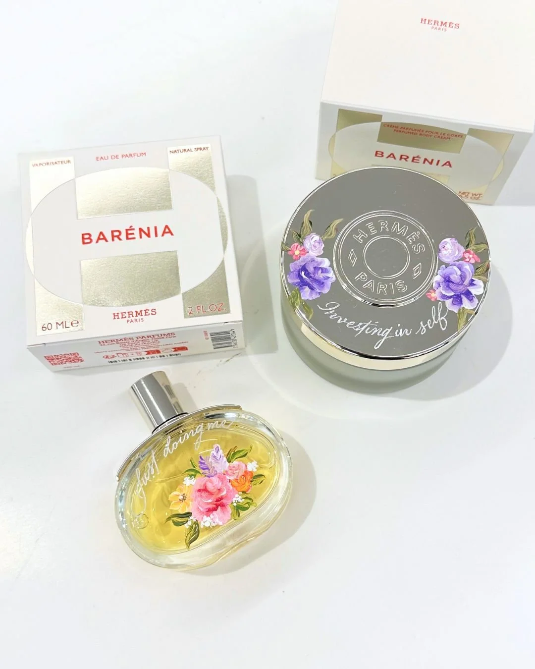 Hermès perfume and body cream set with floral painting done on-site at Bloomingdale's Sherman Oaks