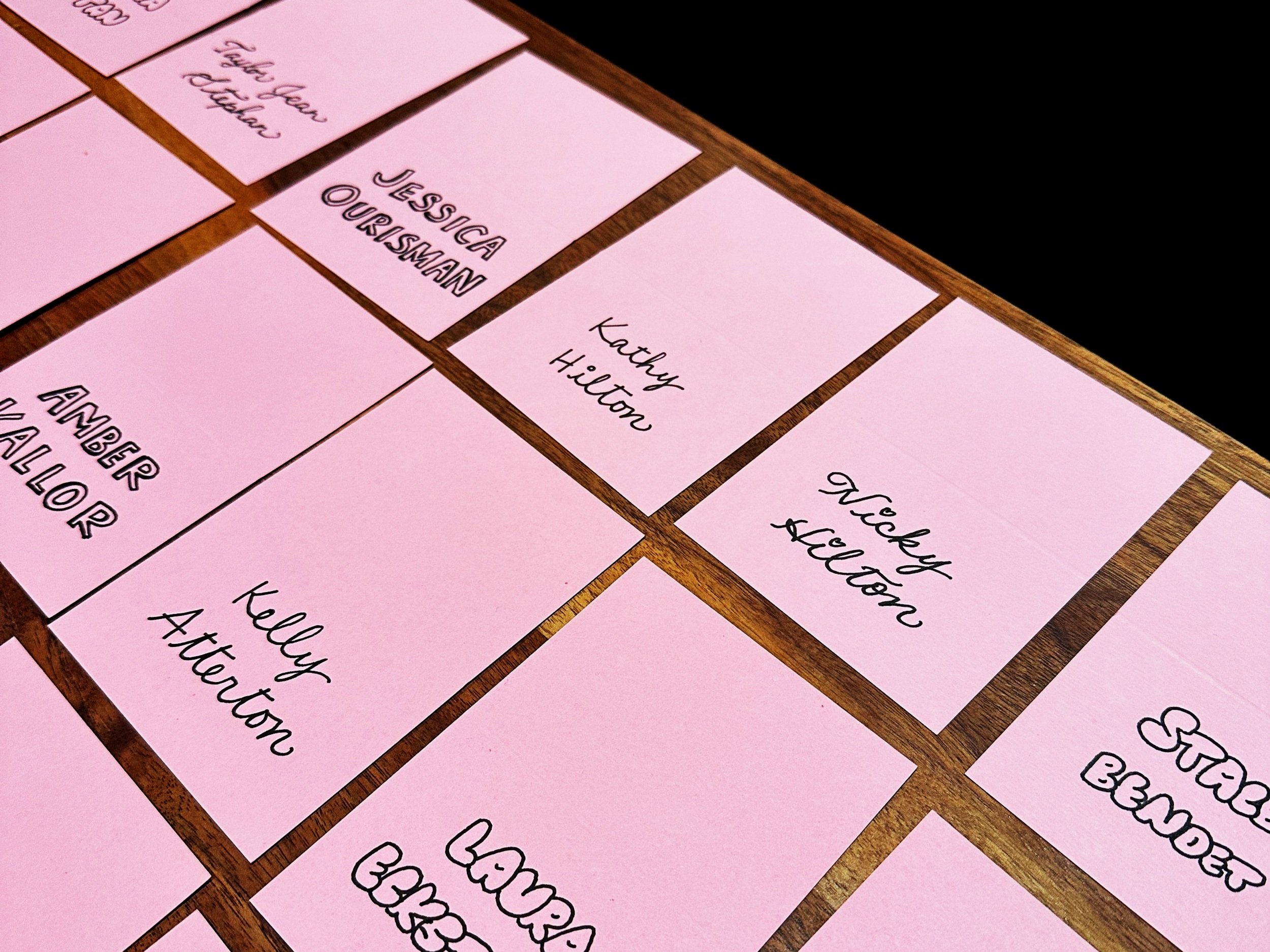 Pink place cards custom made for an beauty influencer event in Los Angeles by Choi Calligraphy.