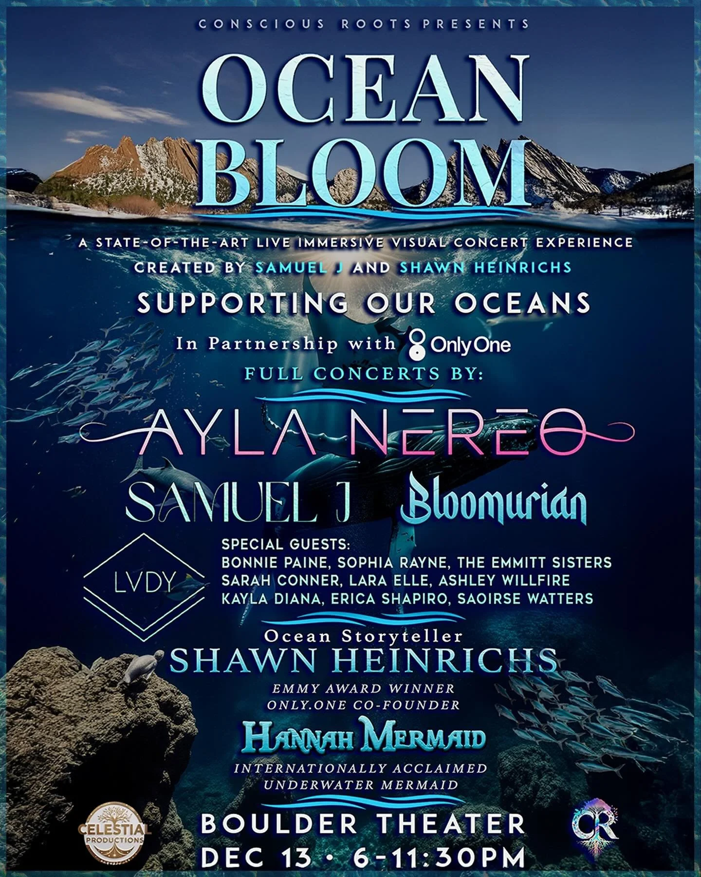 We are thrilled to announce that we’ll be opening this epic evening of art & song at Ocean Bloom on Saturday, December 13 at the @bouldertheater 🌙 featuring @aylanereo, @samueljmusic, @bloomurianmusic, and special guests including @bonniep