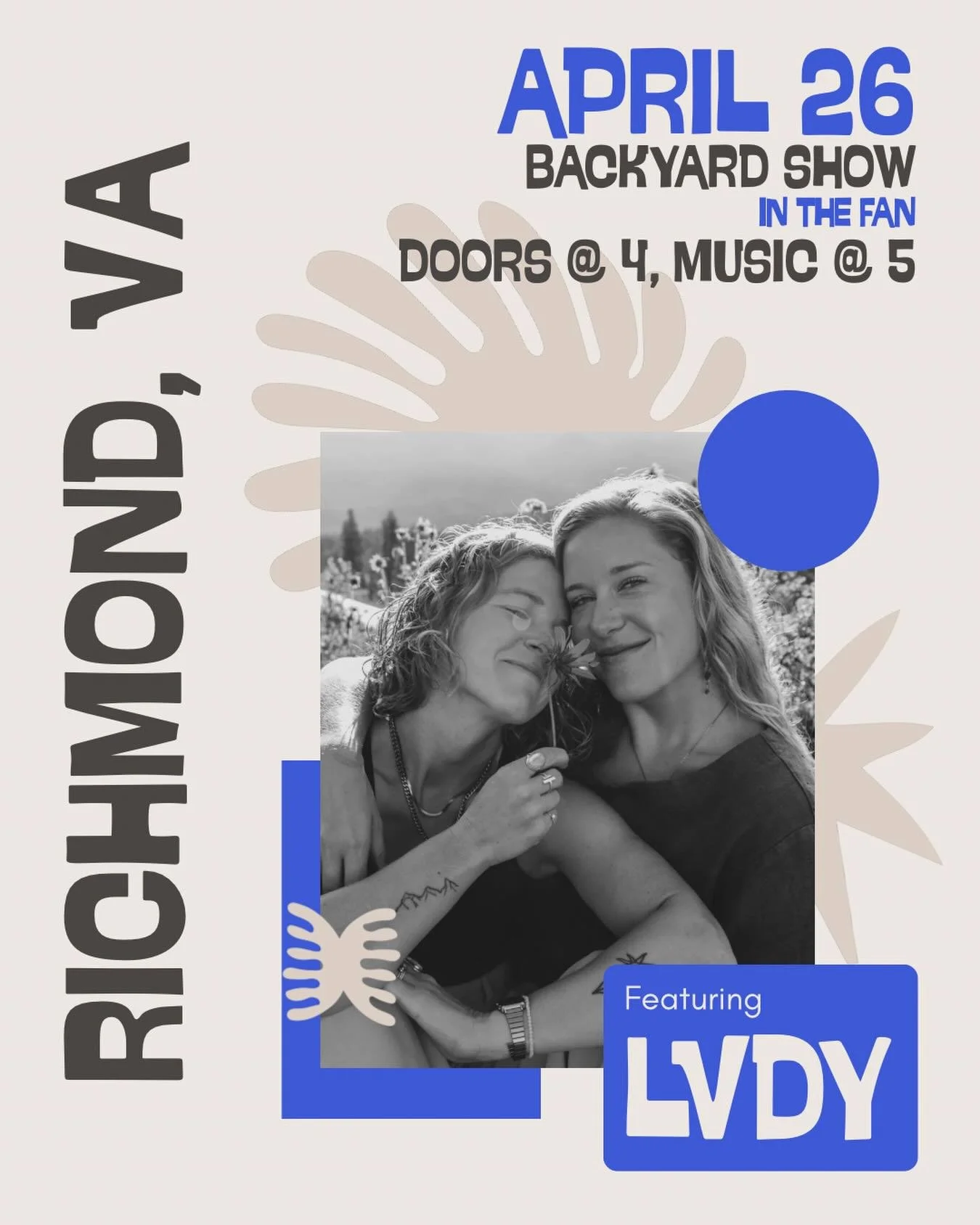 RICHMOND! We&rsquo;re coming back and we can&rsquo;t wait to smooch ur cheeks &amp; serenade ur souls ✨ see you Sunday, April 26 for the *vibiest* backyard show. Tag your RVA pals!

Ps - my wife told me this font looks like SpongeBob what do you thin