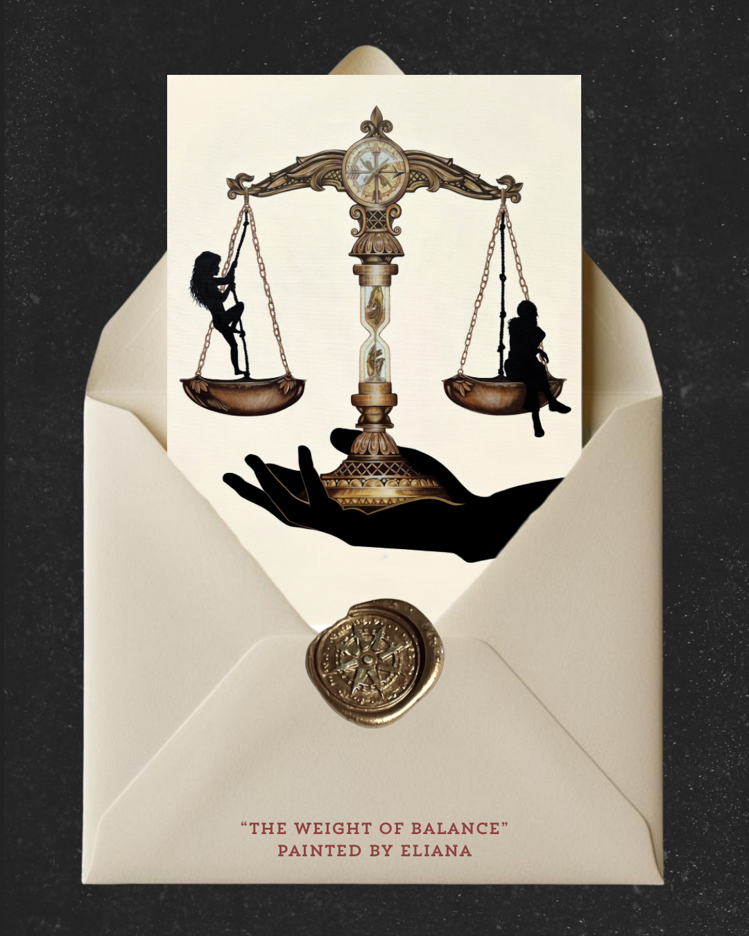 An illustration of a balance scale with silhouettes of a girl climbing on the left side and a girl sitting on the right side, centered on an ornate stand with a clock. The image is placed on top of a white envelope with a wax seal and the text 'The Weight of Balance' Painted by Eliana.