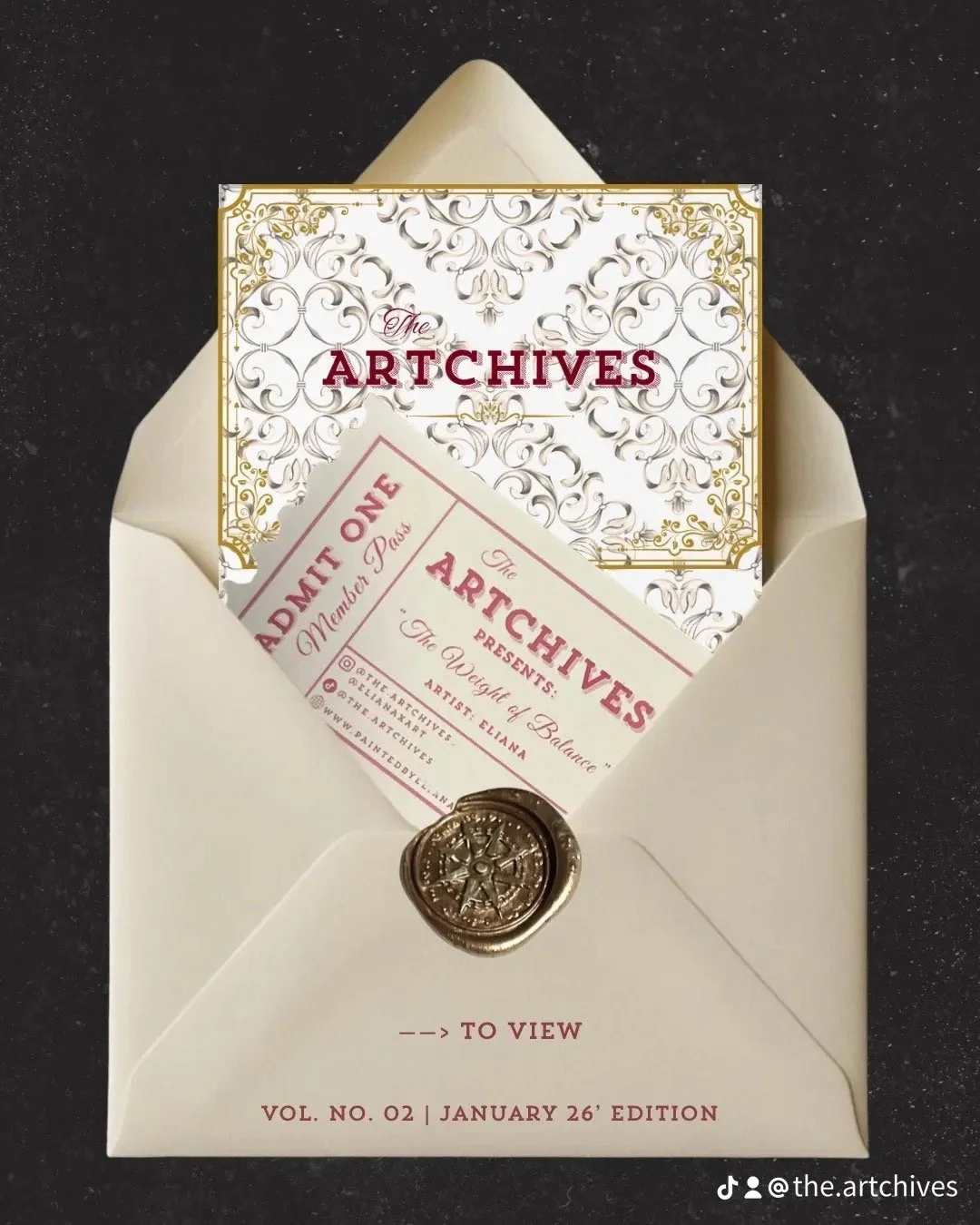 An elegant invitation and ticket for the art exhibit titled 'The Artchives' presented by 'The Weight of Balance,' featuring artist Eliana. The invitation and ticket are displayed in an open beige envelope with a wax seal, against a dark background.