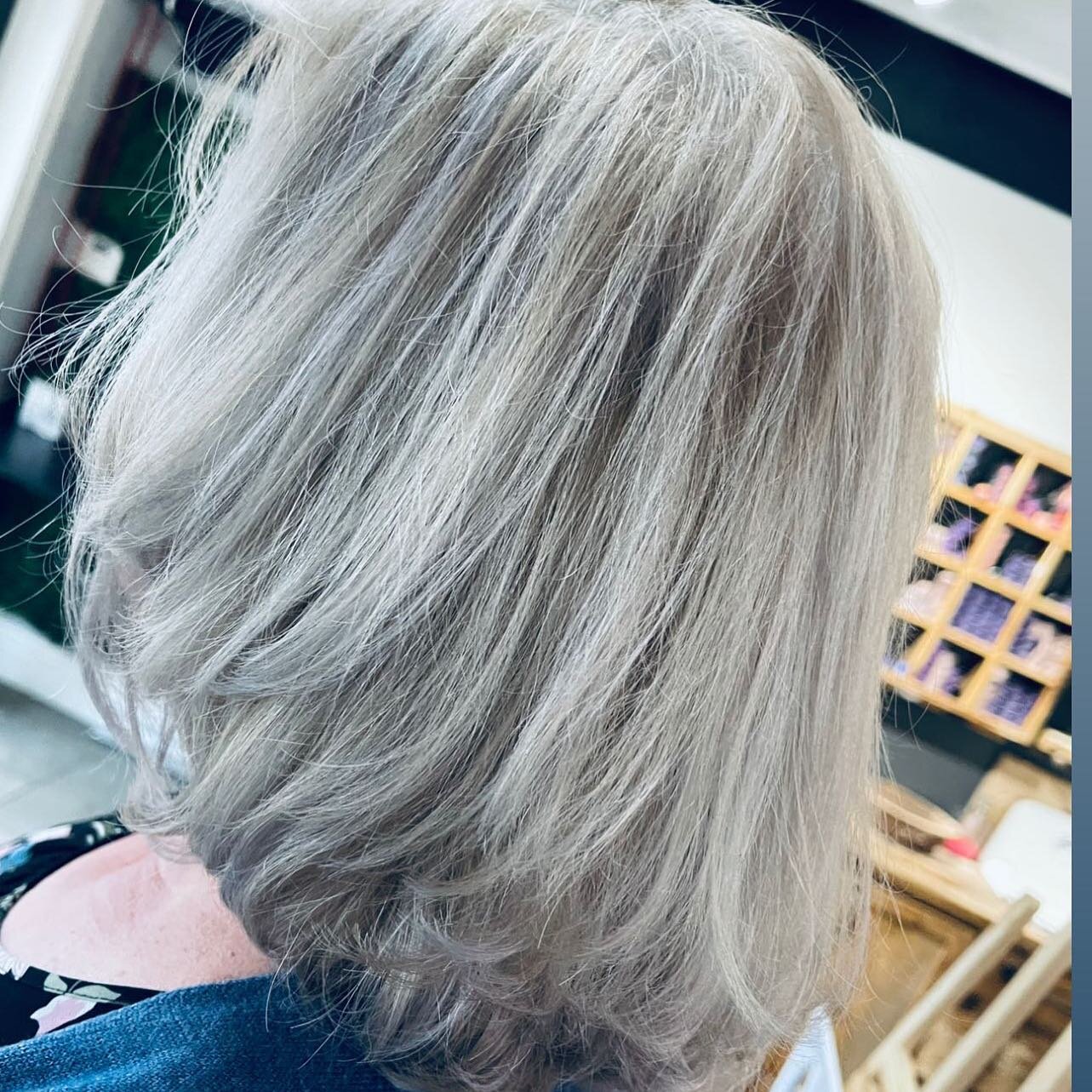 She is transitioning to her natural grey @sillistyles @coric6 #greyhairtransition #stlhairstylist #stlcolorist #greyhairdontcare