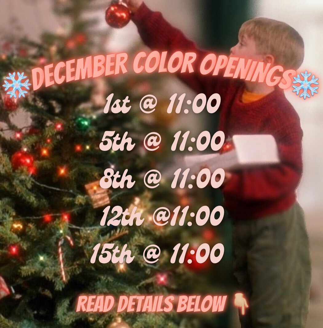 Holidays are coming up fast, have you booked your hair appointment yet? These are some of my current color openings for December. I&rsquo;ve decided to expand my schedule a little this month, meaning the times listed are not available online! These a