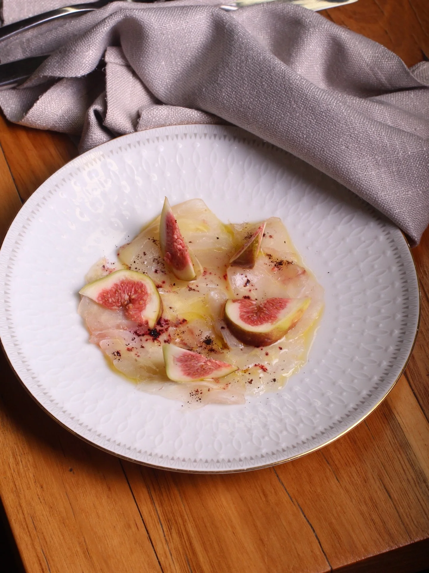 Snapper crudo, fig, preserved lemon, pepperberry.