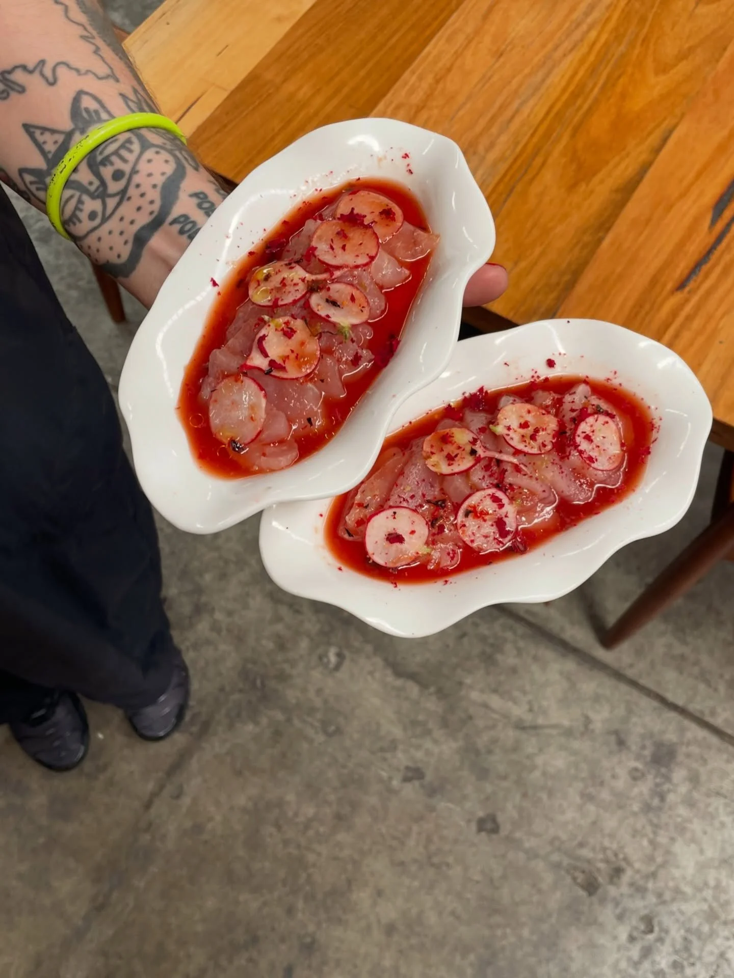 Albacore tuna sashimi, watermelon and chilli ponzu, hibiscus. What a time! 🌺