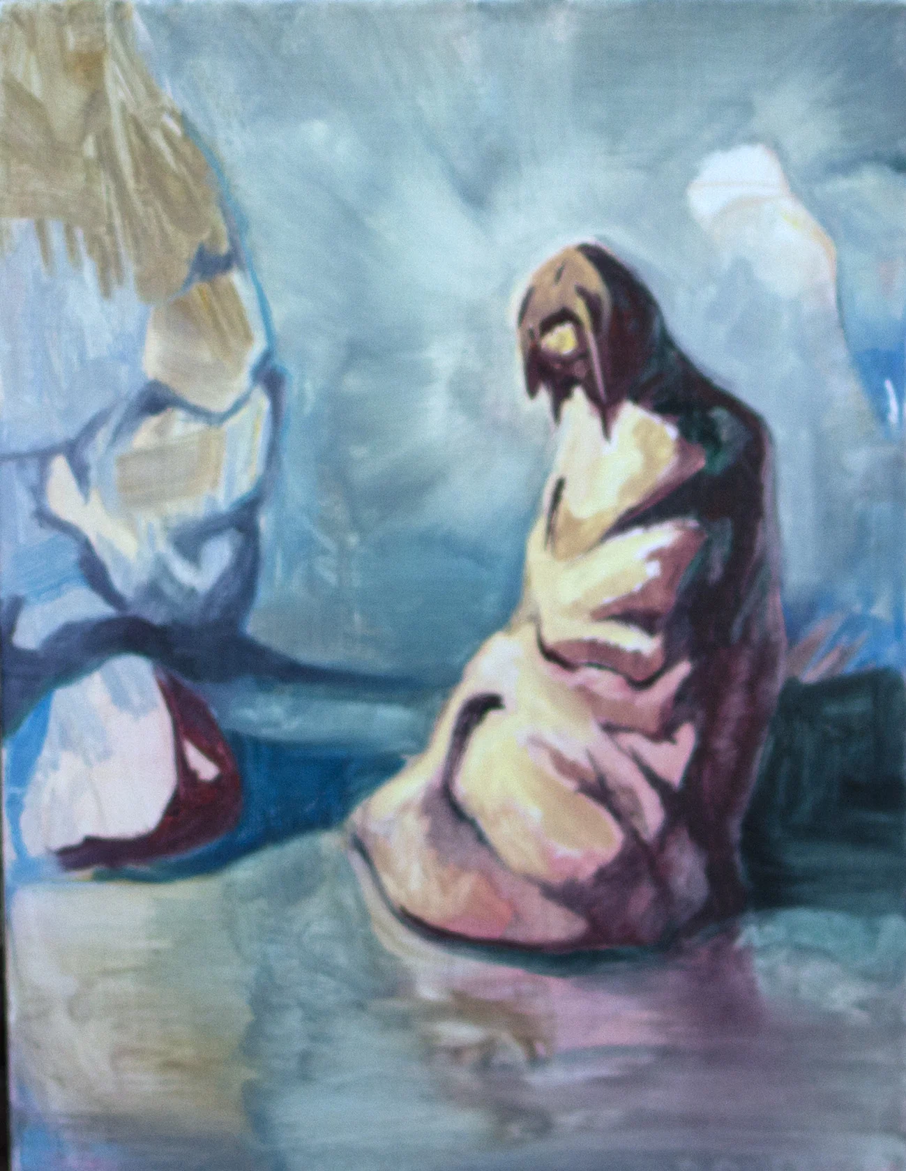 Thoughts blinding on mountain plane. Robes of felt/fat