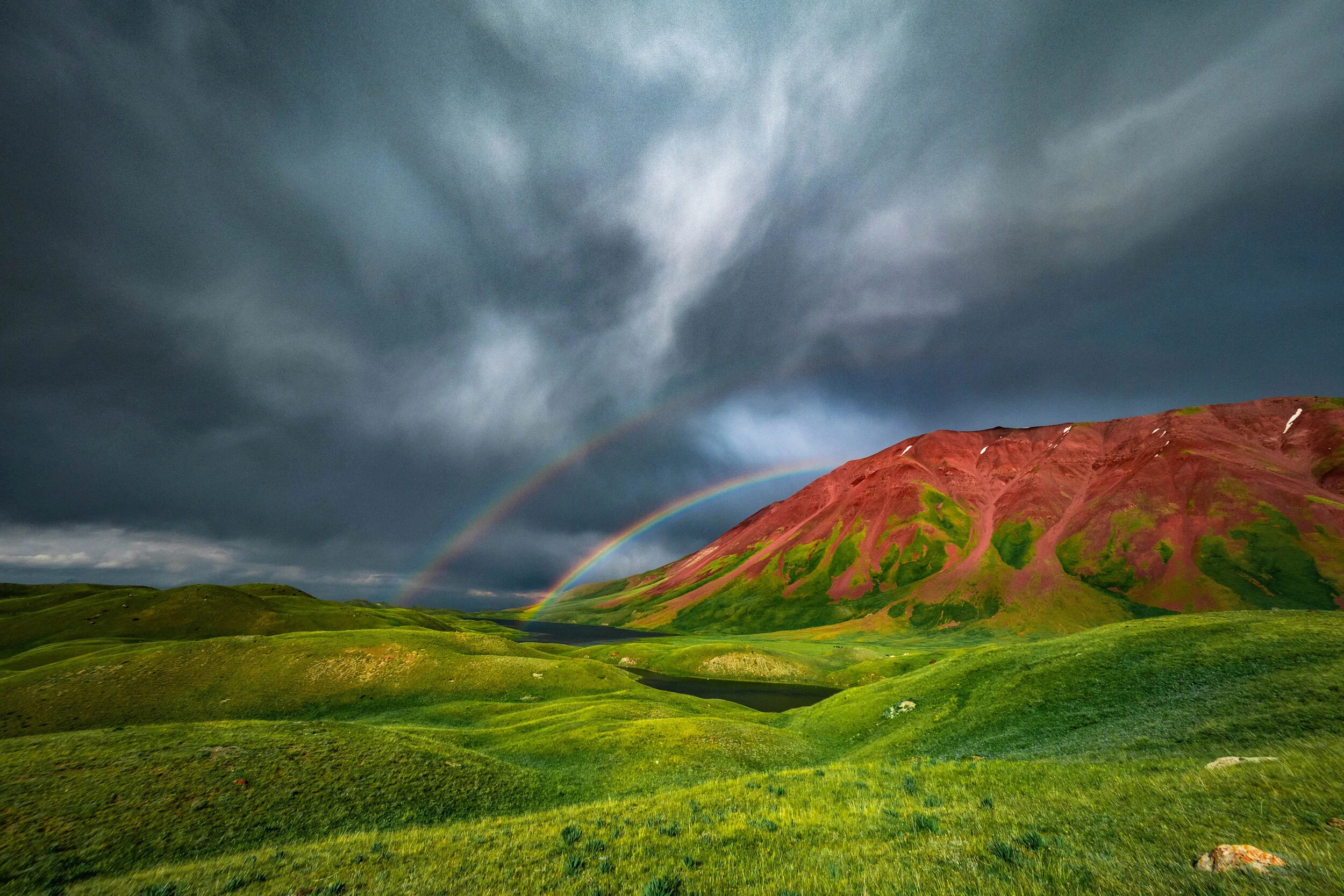 Double Rainbow at Tulpar Kul Lake, Kyrgyzstan