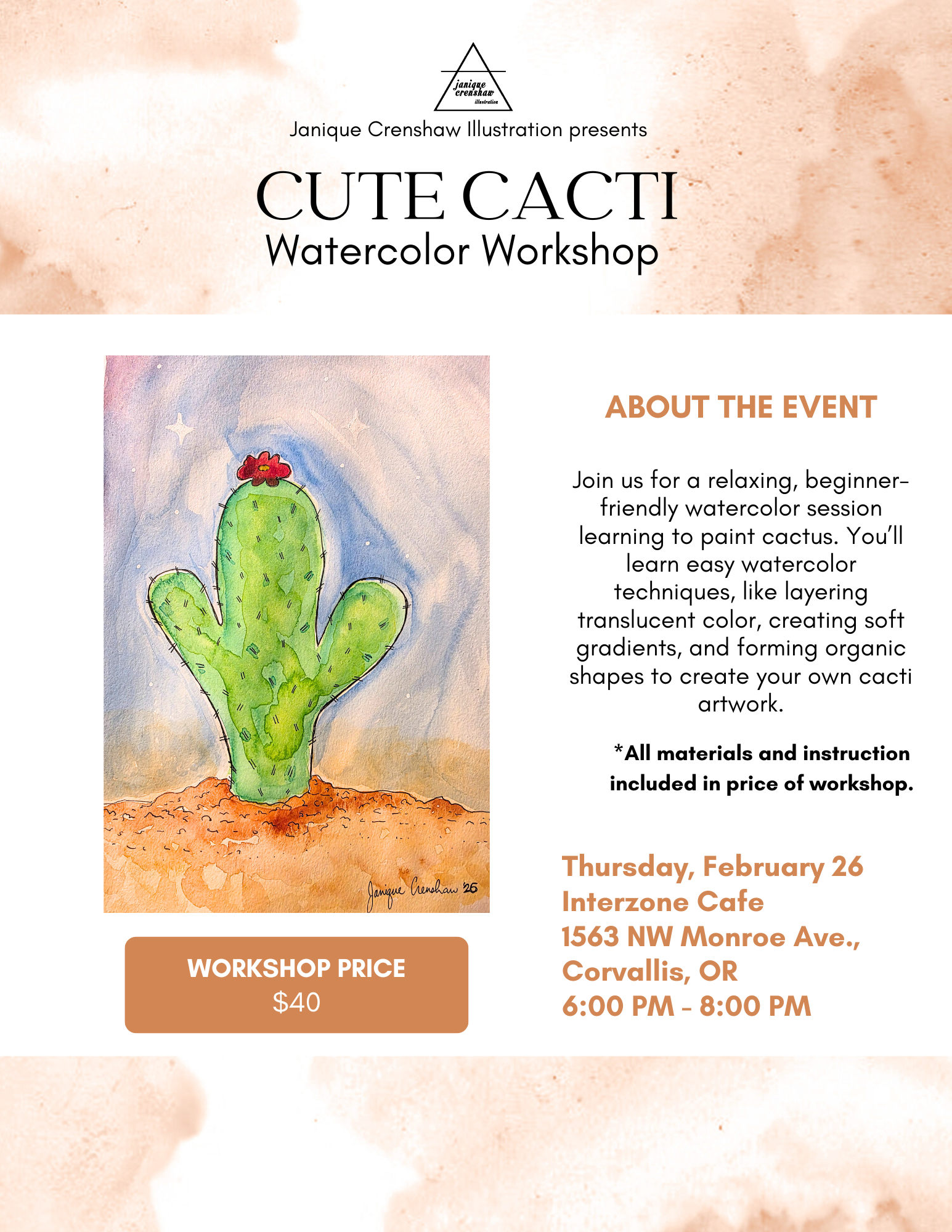 Cute Cacti Watercolor Sip & Paint at Interzone Cafe Corvallis February 26