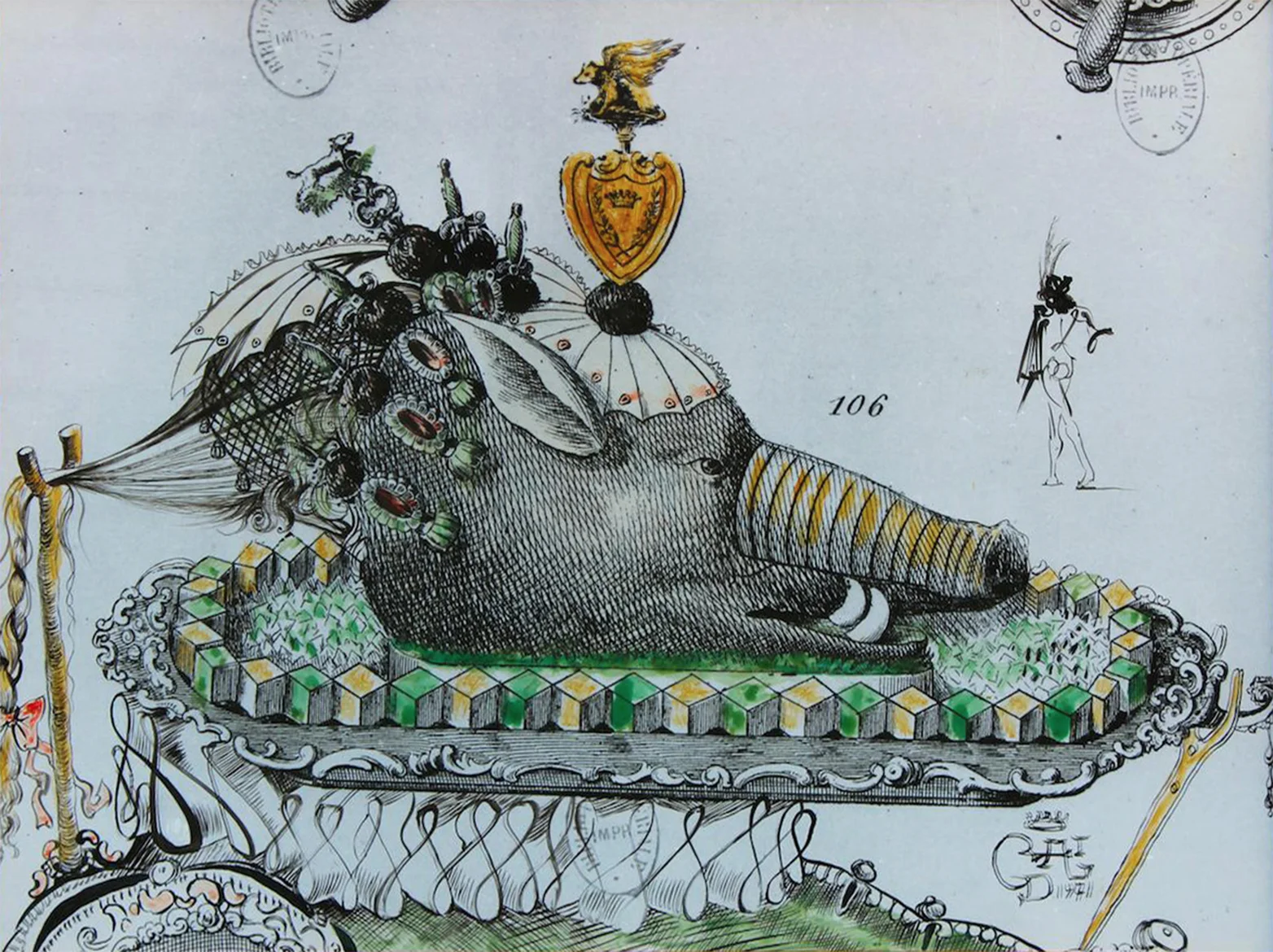 Le sanglier 1971 | chinese ink and watercolor on old print | 29 x 38,5 cm.