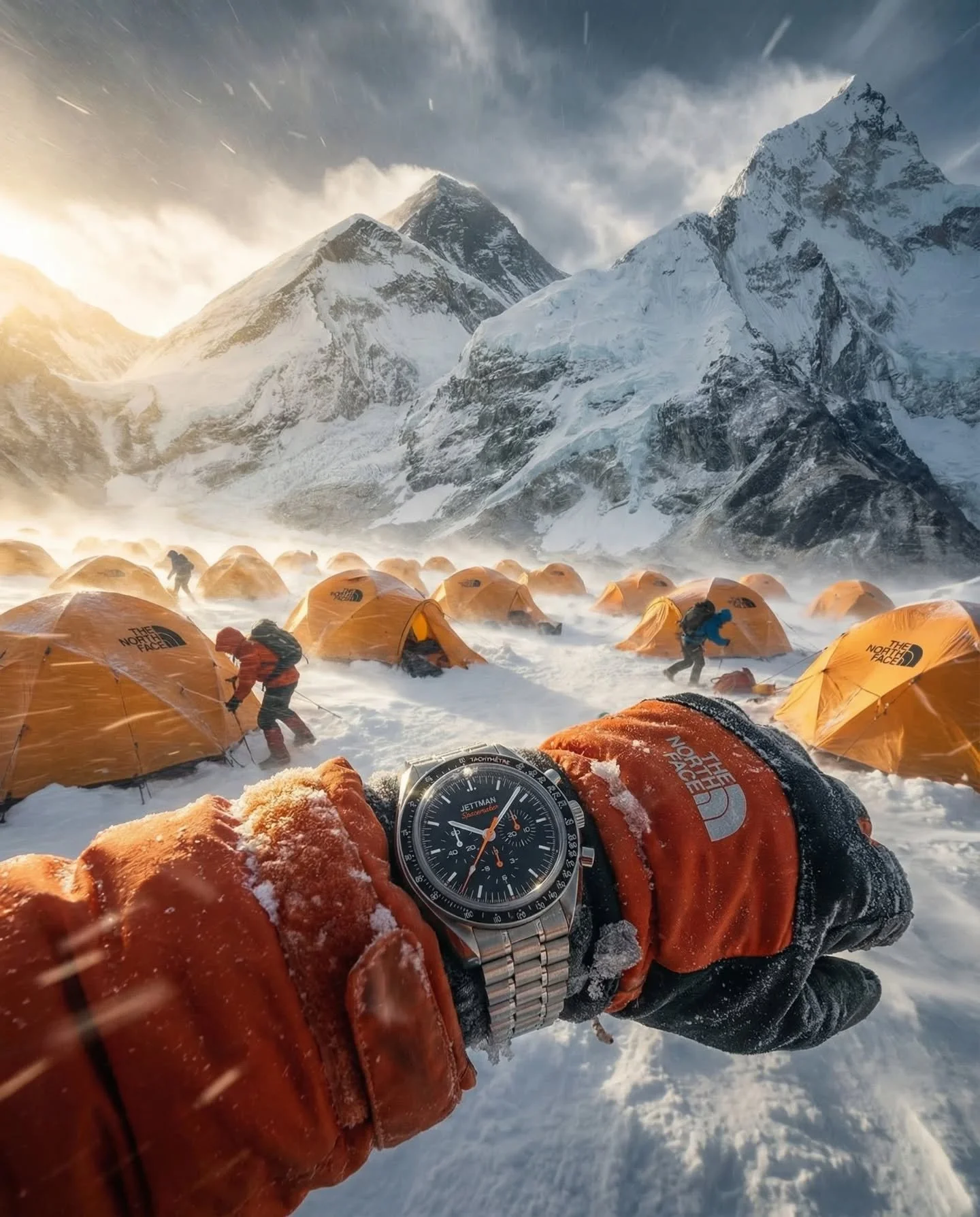 Everest: Where human will meets nature's raw power. 🏔️❄️

Your products at 8,848m: Watches ticking in jetstream winds, ice axe swings at Hillary Step, Milky Way over a lone tent defying infinite space.

AI-powered full expedition rendered &ndash; ba