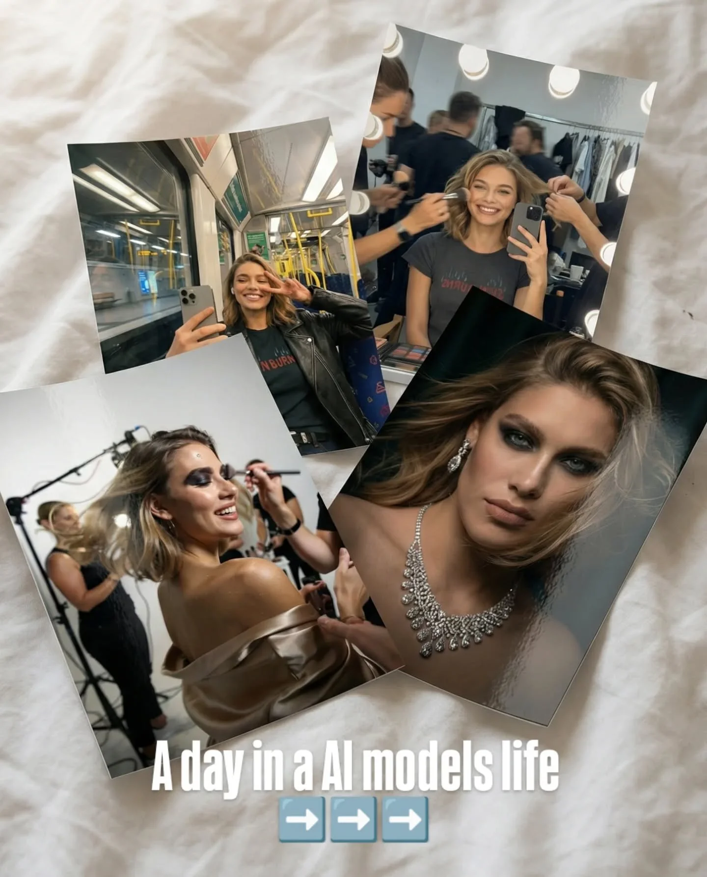 A Day in a AI models life.
From chaotic morning apartment vibes, through metro selfies en route to studio, makeup chair under glowing bulbs, full-on behind-the-scenes frenzy, to the final flawless jewelry campaign perfection. 

Same model, five compl