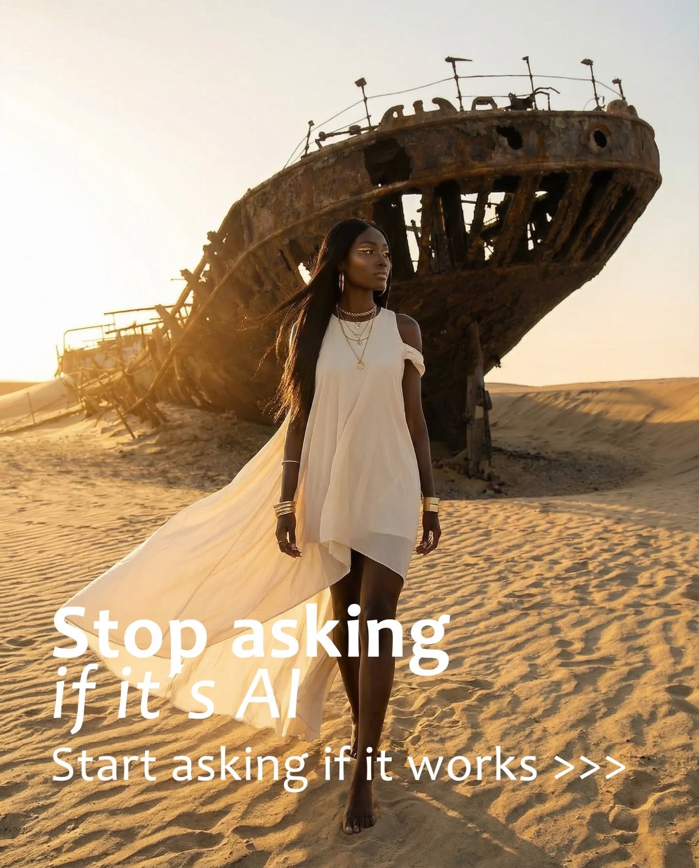 This has always been my dream photoshoot.
Namibias Skeleton Coast shipwreck, golden hour, flowing silk against rust.
10 years building to this moment &ndash; now possible with AI + photographer's eye.