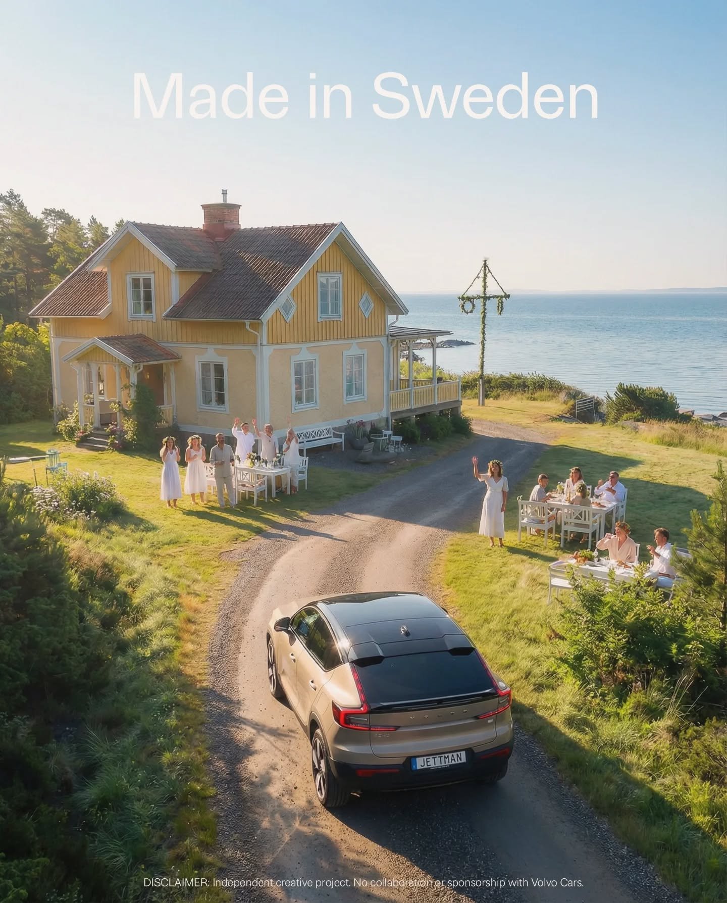"Made in Sweden" &ndash; Volvo EC40 in the Swedish summer.
I know Volvo would probably never do a full-on Midsummer campaign, but I had to see what it could look like. 
I get an idea and go all in until it exists.

Sunny arrival with waving