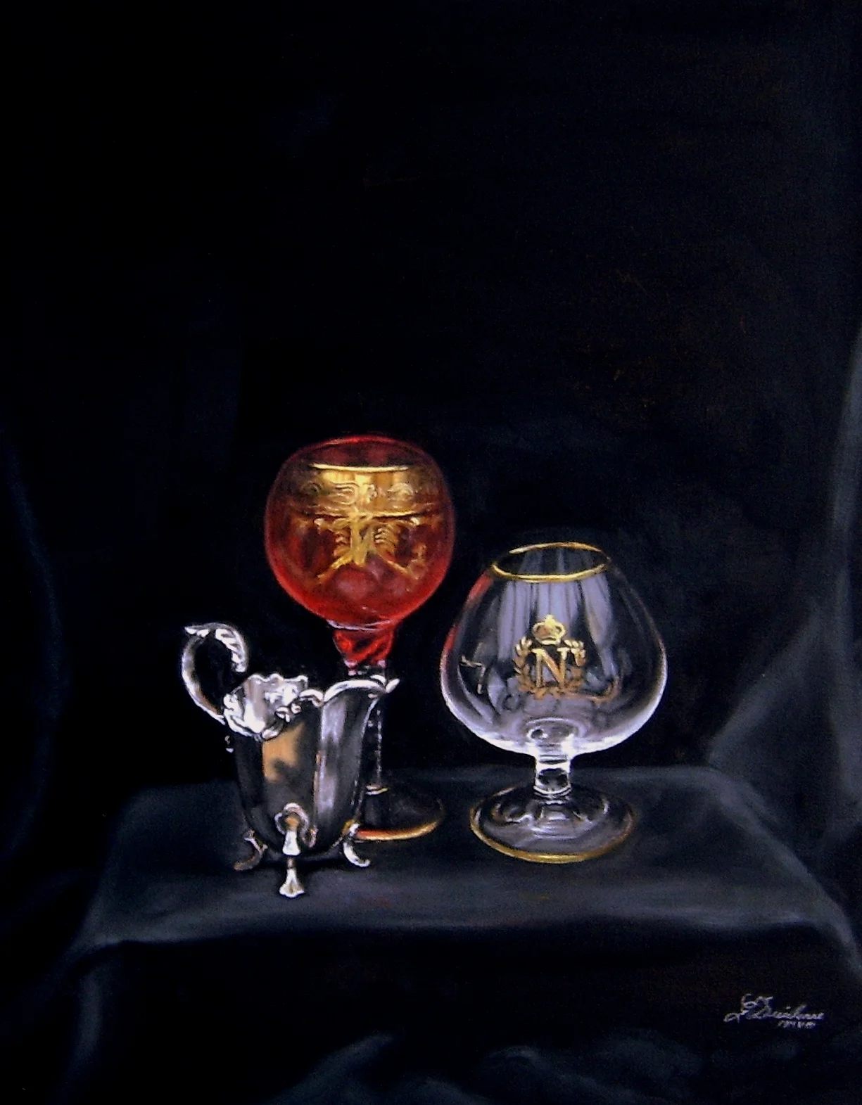 Still life with silver cream jug, brandy glass and goblet