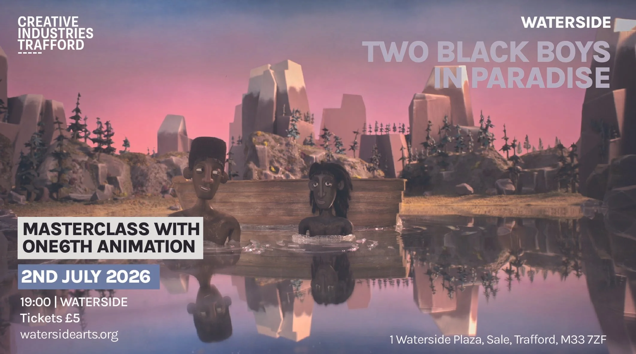Dula and Edan swim in a lake at sunset, the calm water of the lake reflecting the pinks and purples of the sky and the cliffs and mountains surround the lake.