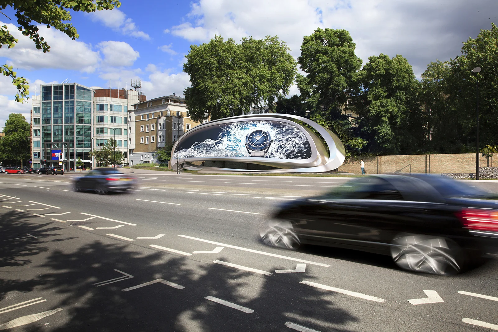 A view facing East showing the JCDecaux signage board designed by Zaha Hadid Architects.