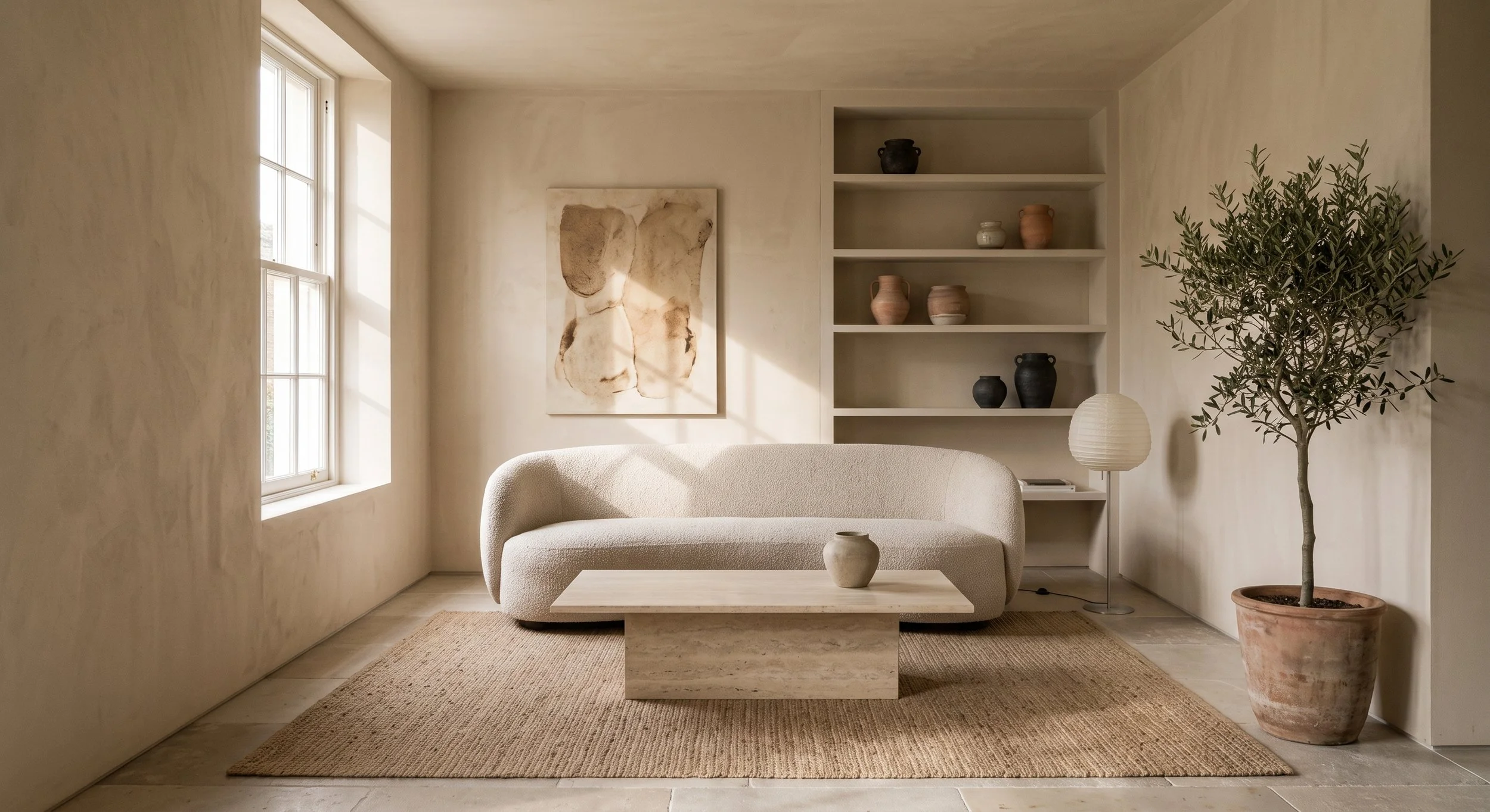Minimalist living room with a window on the left, a beige textured sofa in the center, a small coffee table with a ceramic vase, a tall potted olive tree on the right, a built-in bookshelf with various vases, and a wall art piece with neutral tones. 