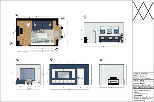 Architectural drawing of a living room interior with furniture and decor, including a sofa, tables, and wall art, along with elevation views of the room and furniture.