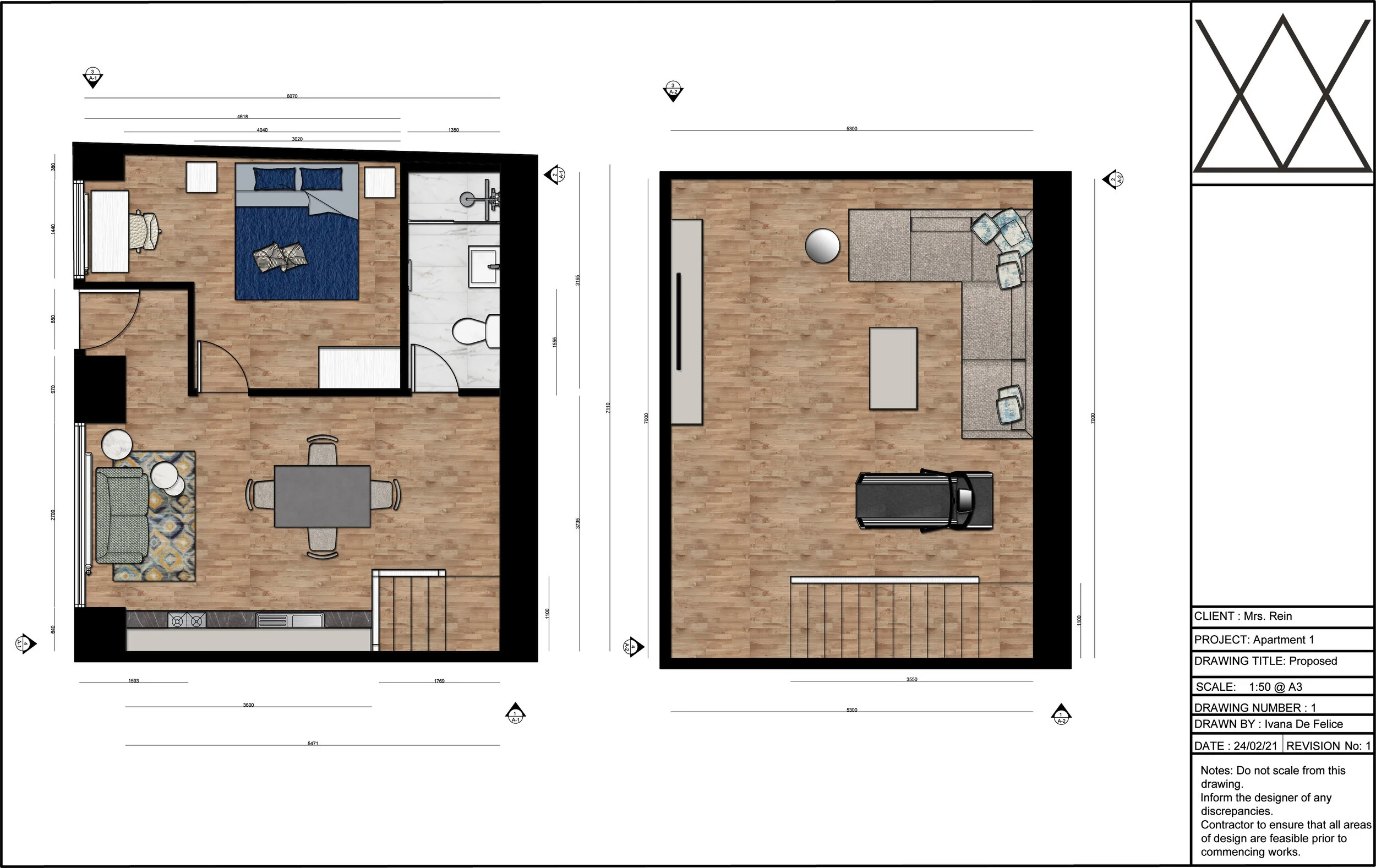 Floor plan of an apartment with a living room, kitchen, dining area, bedroom, and bathroom, along with an upper garage or storage area with a car parked inside.