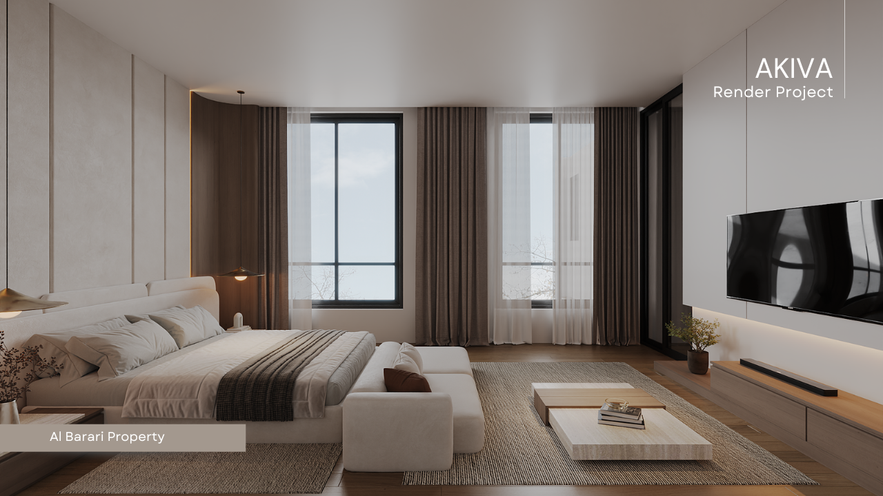 Modern bedroom with large window, beige walls, white bed with brown blanket, wall-mounted lamps, wooden coffee table, flat-screen TV, potted plant, and sheer curtains.