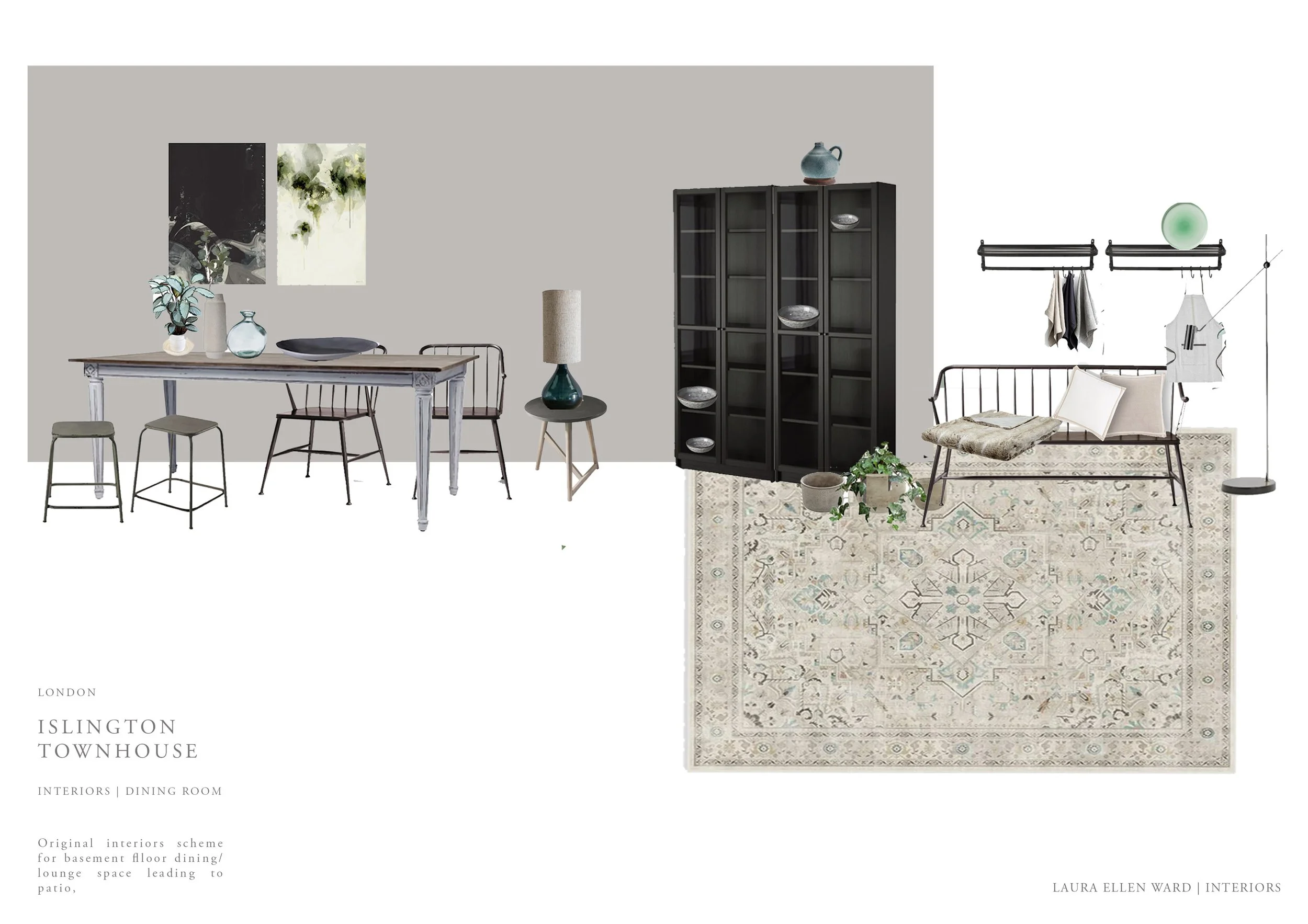 Interior layout of a basement dining room and lounge area at Islington Townhouse, London, featuring a dining table with chairs, a black cabinet, a lounge bench with pillows, a patterned rug, and various decorative items.