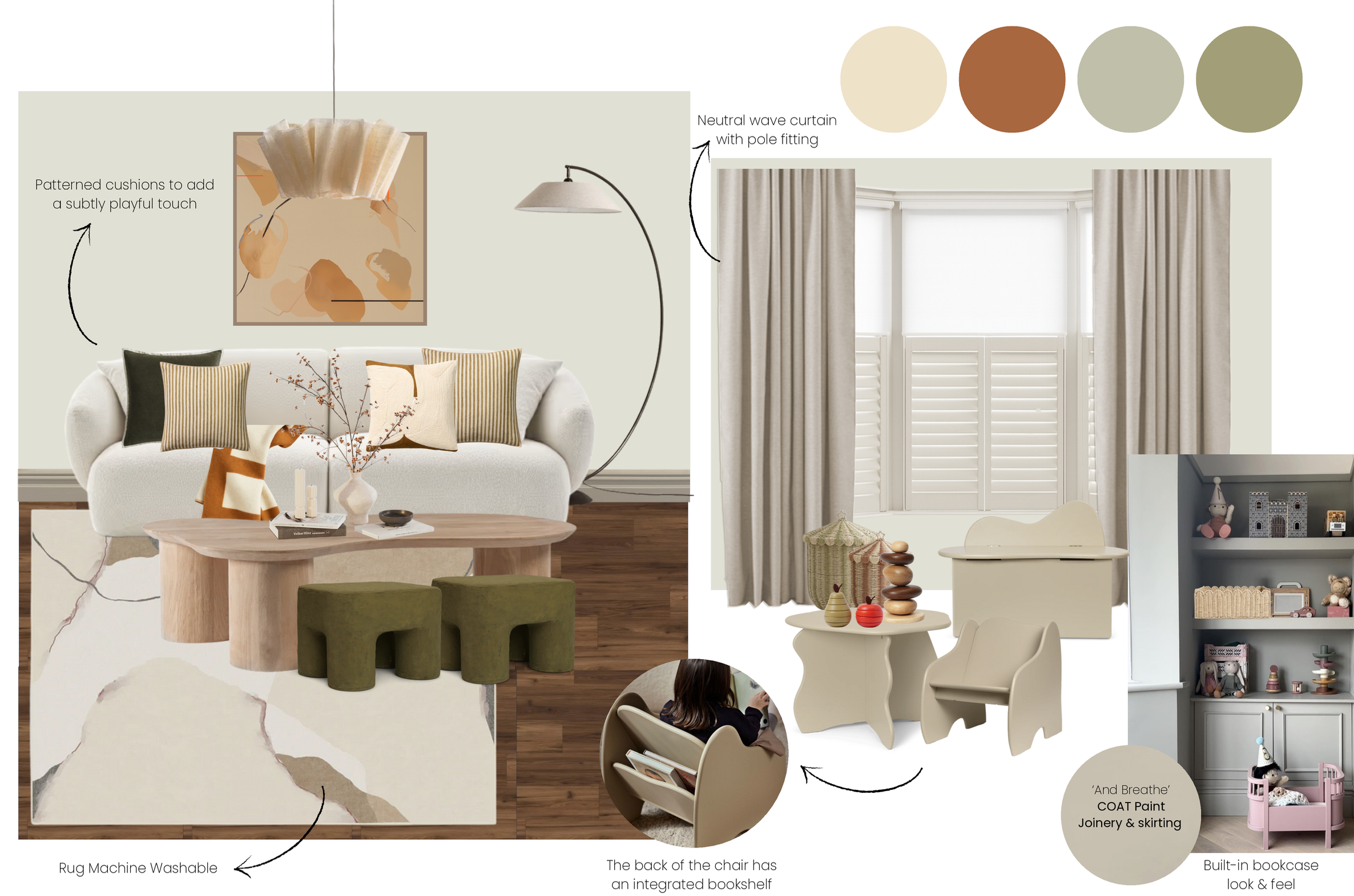Design mood board for a living and playroom with neutral tones, including a sofa with patterned cushions, a wooden coffee table, a rug, a wall art piece, a neutral wave curtain, children's furniture, a bookshelf, and a built-in bookcase. Notes mentio