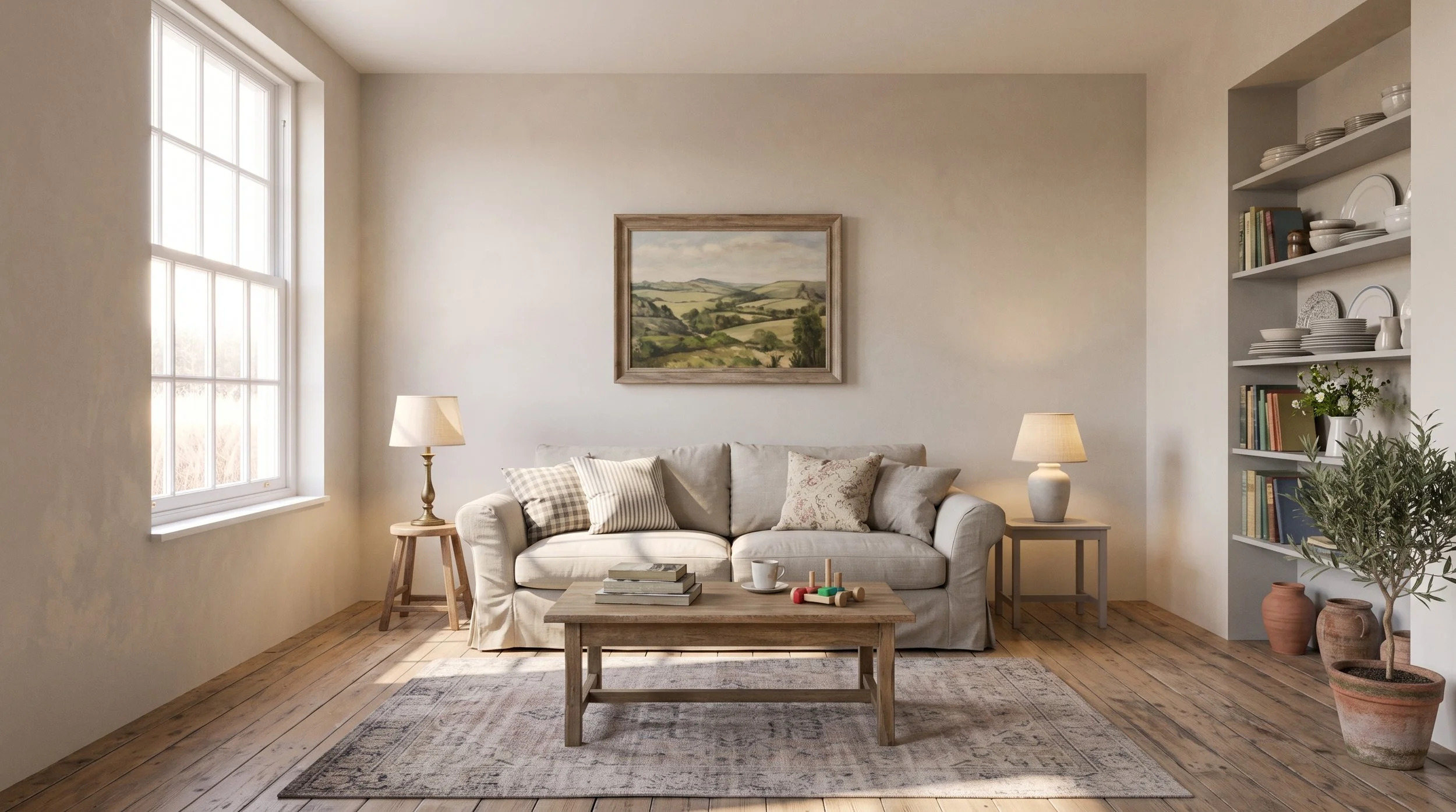 A cozy living room with a large window, beige sofa with cushions, wooden coffee table with books and toys, a side table with a lamp, a framed landscape painting on the wall, a shelf with dishes and books, a potted plant, and a patterned rug on wooden