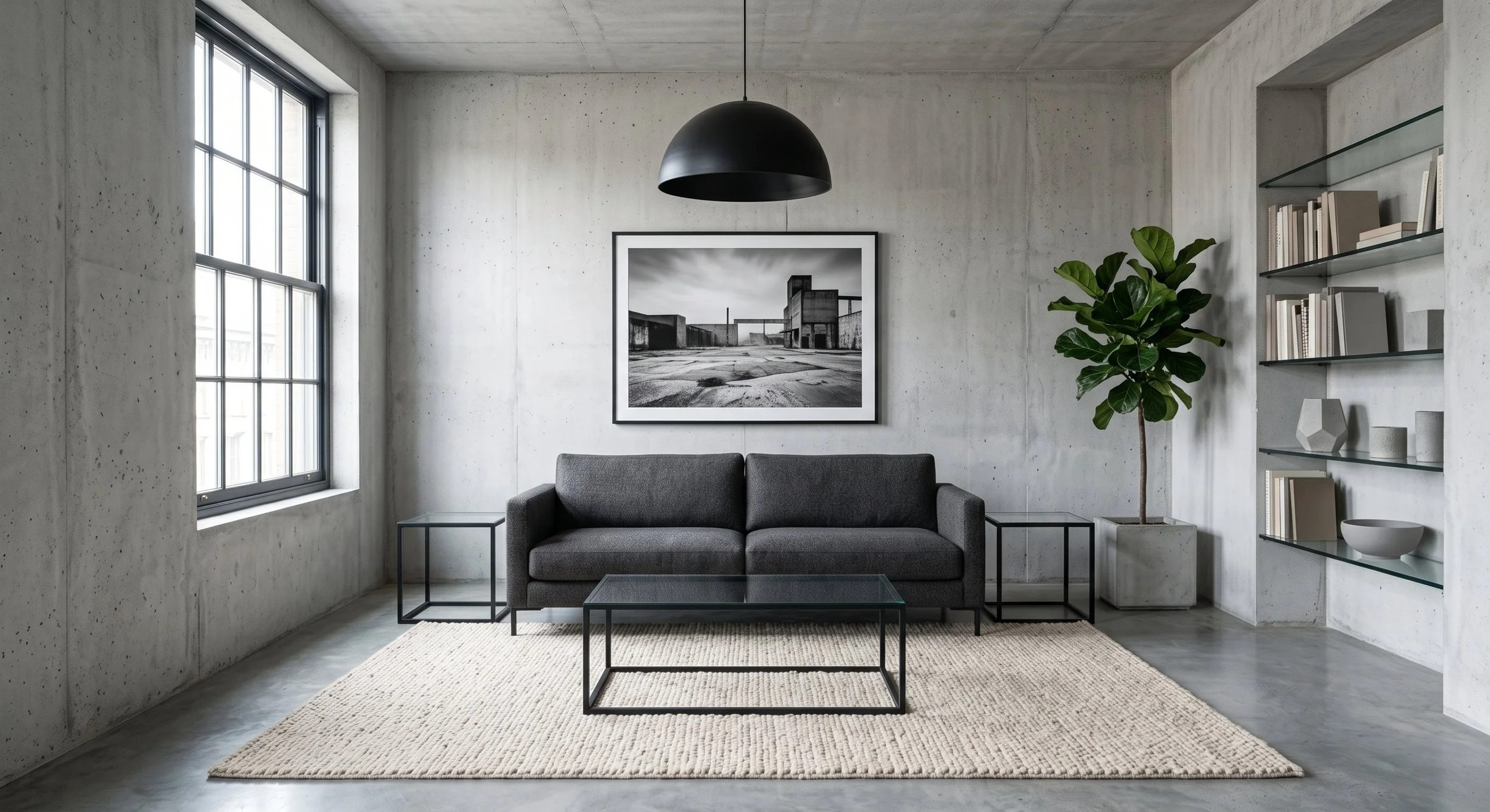 Modern living room with concrete walls, a gray sofa, black coffee table, and a large window. There's a black-and-white photograph on the wall, a large green leafy plant, and glass shelves with books and decorative objects. A black pendant lamp hangs 