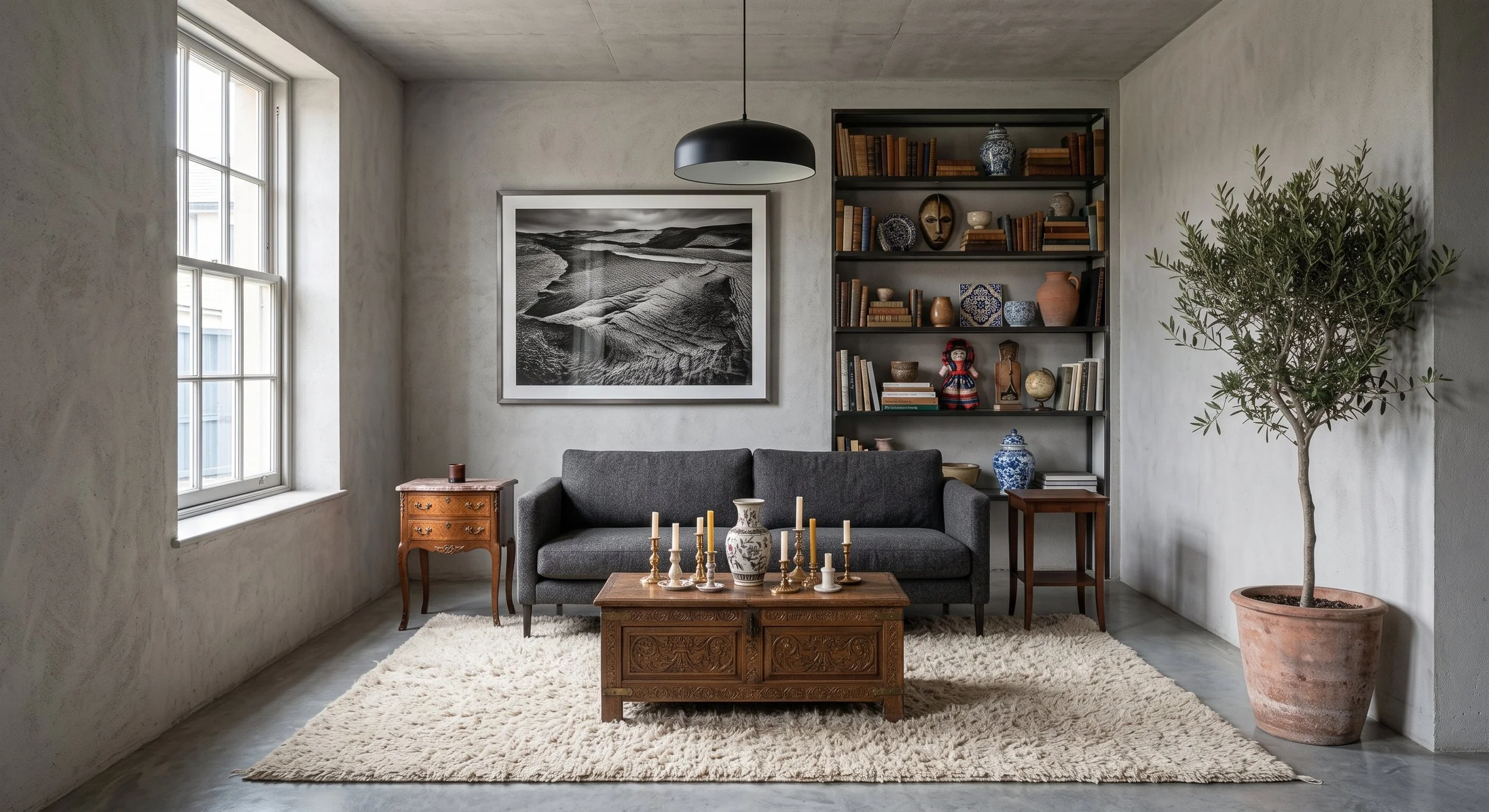 Living room with large window, bookshelf with decorative items, dark gray couch, wooden coffee table with candles, potted plant, framed landscape picture, cozy rug, and side tables.