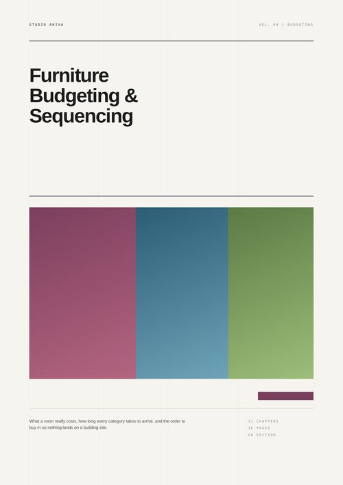 Cover of the Furniture Budgeting and Sequencing Guide by Studio Akiva, plum, blue and green Swiss editorial design