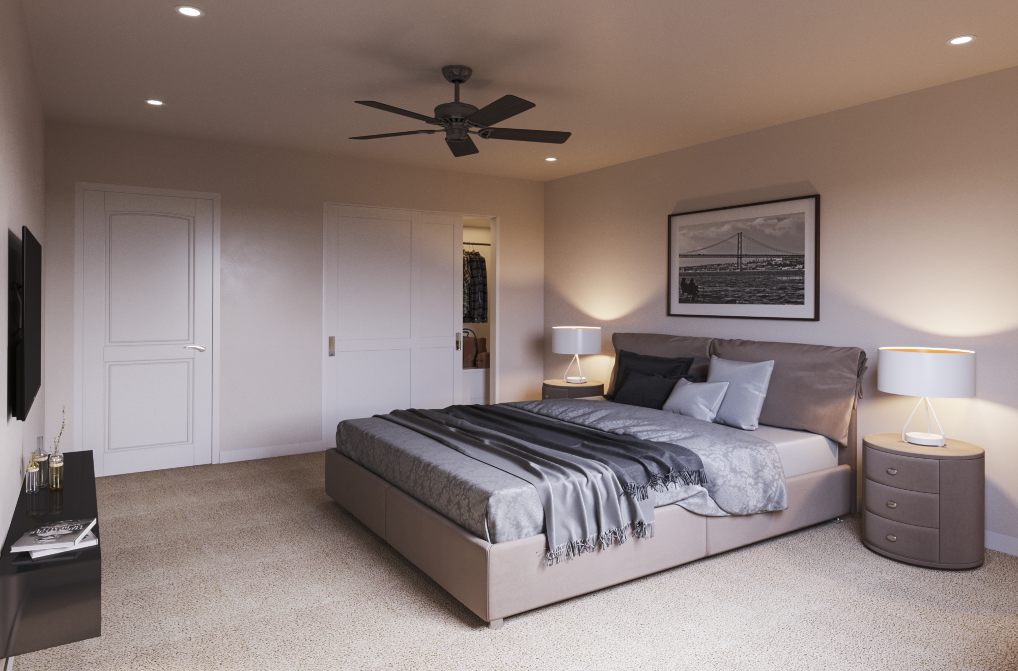 A modern bedroom with a large bed, nightstands with lamps, a framed picture of a bridge, and a closet with open sliding doors.