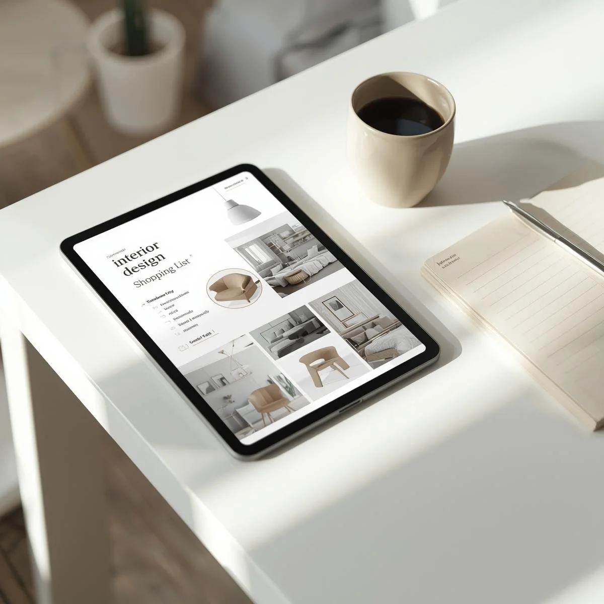 Tablet displaying an interior design shopping list webpage on a white desk, with a beige coffee mug, a blank lined notepad, and a pen nearby.