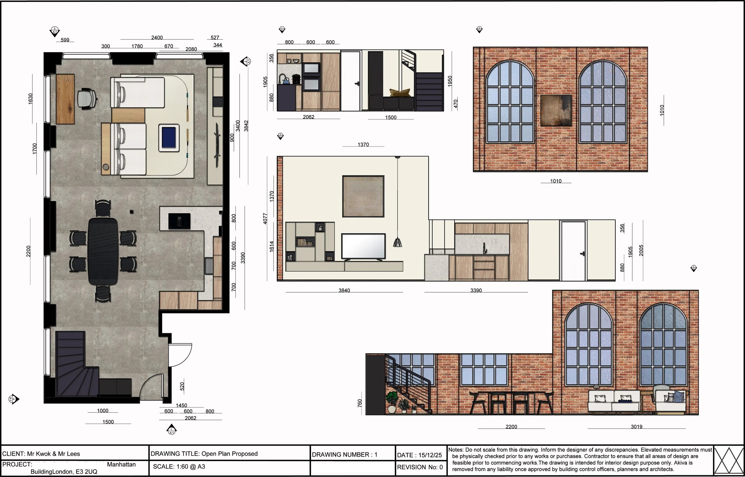 Architectural blueprint of a building's open floor plan, including living room, kitchen, and outdoor brick facade with large arched windows.