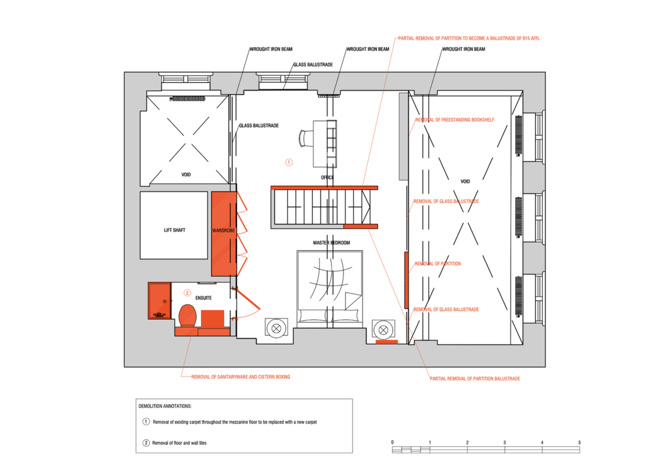 Mezzanine floor plan marked in red showing proposed wall and partition removals submitted for conservation approval