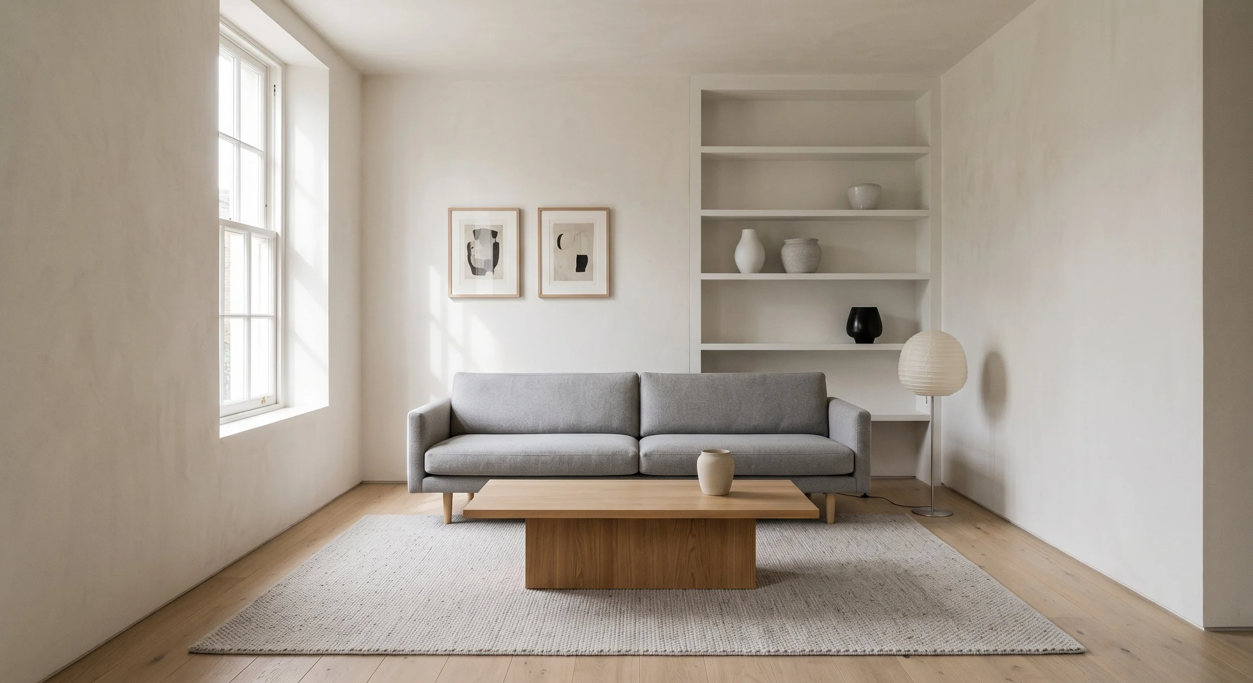 Minimalist living room with a gray sofa, wooden coffee table, white walls, built-in open shelves with decorative vases, framed abstract art, large window, and a floor lamp, all in neutral tones.