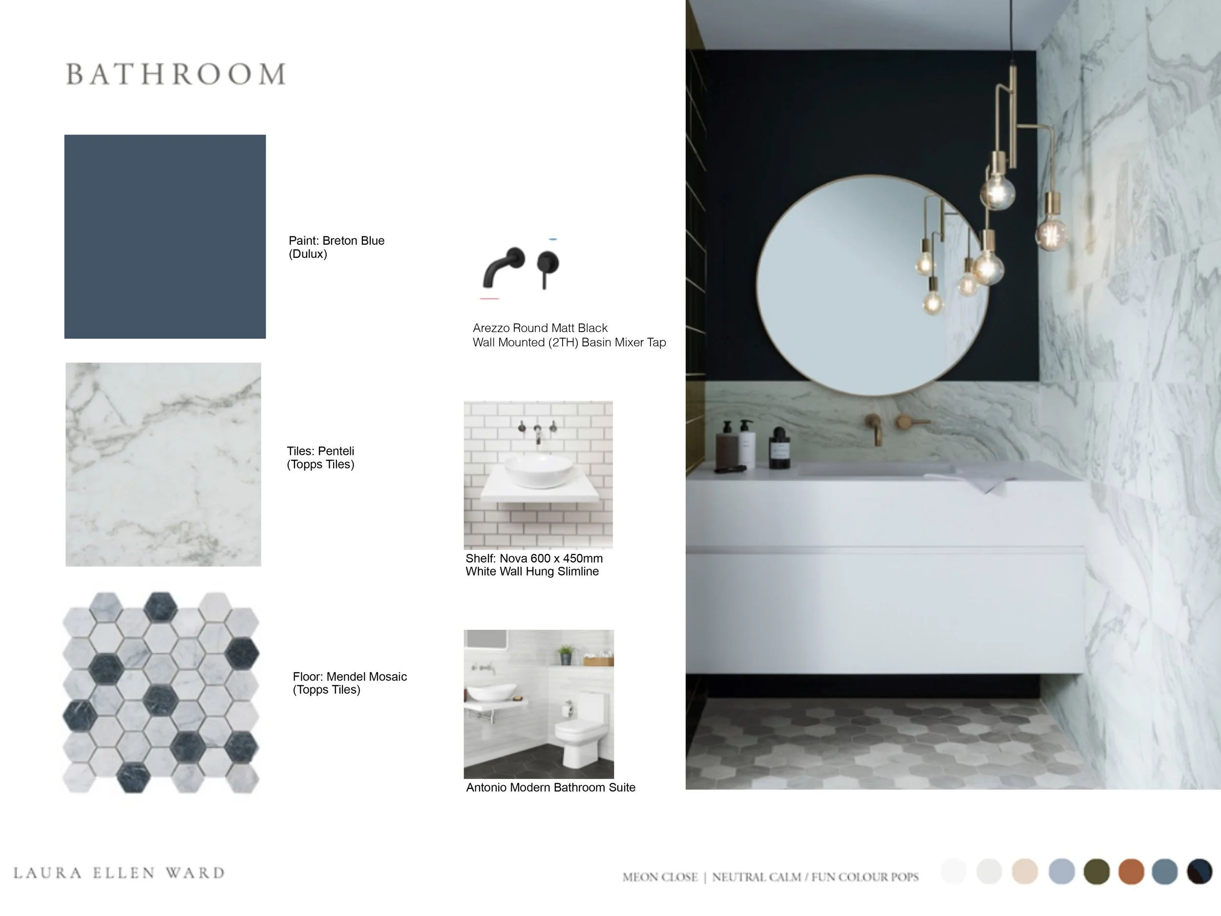 A modern bathroom with white walls and a black accent wall. Features hanging pendant lights, a round mirror, and white cabinetry. The floor has hexagonal mosaic tiles in shades of gray. The walls are decorated with marble tiles.