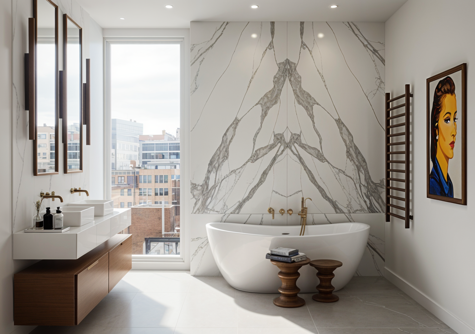 Modern bathroom with a freestanding bathtub in front of a large marble accent wall, a double vanity with vessel sinks and wood cabinets, a large window with city views, artwork including a portrait of a woman, and a heated towel rail.